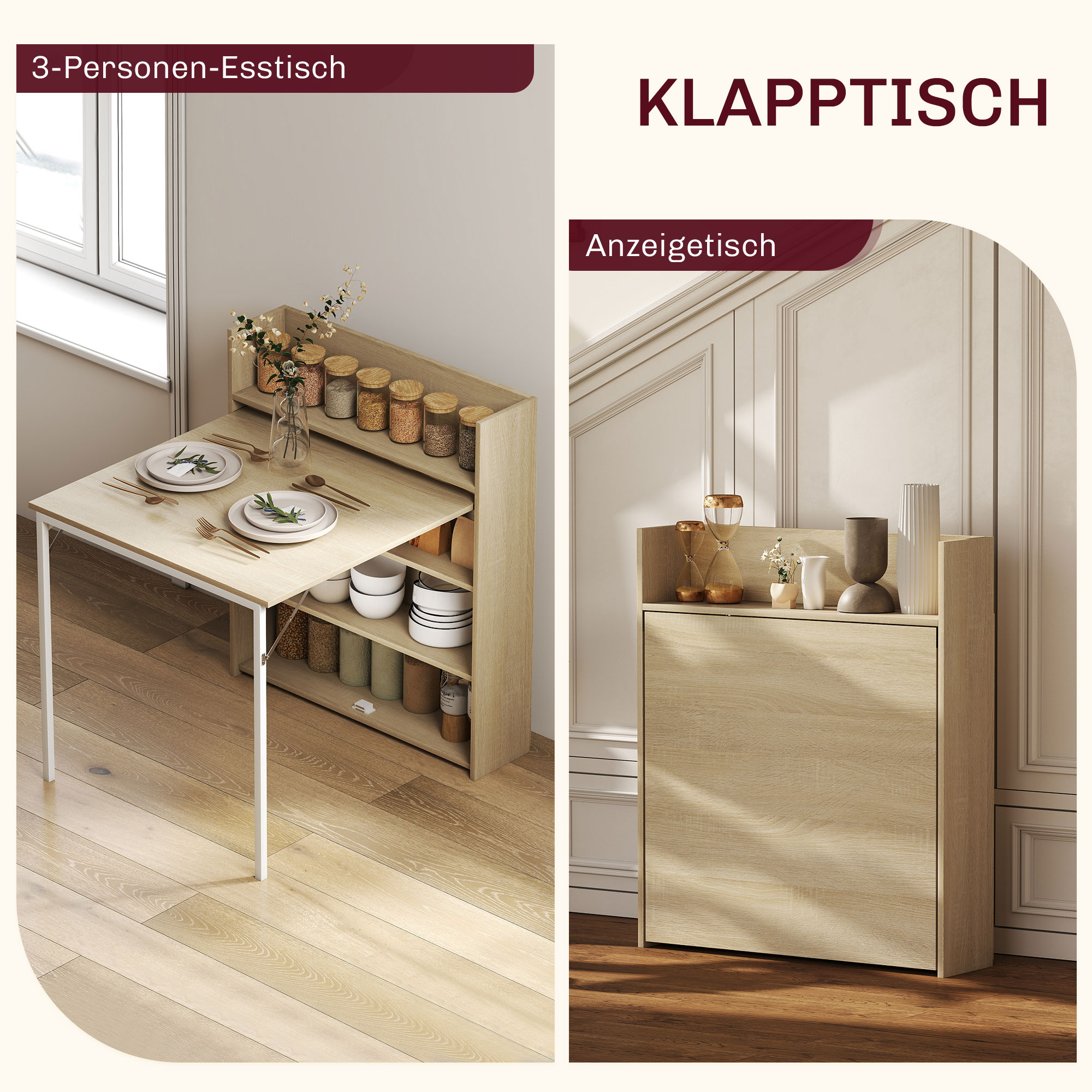 Esstisch Klappbar mit Regal, Industrie-Design, Platzsparend, Für Kleine Räume, 78,5 x 91 x 93 cm, Eiche