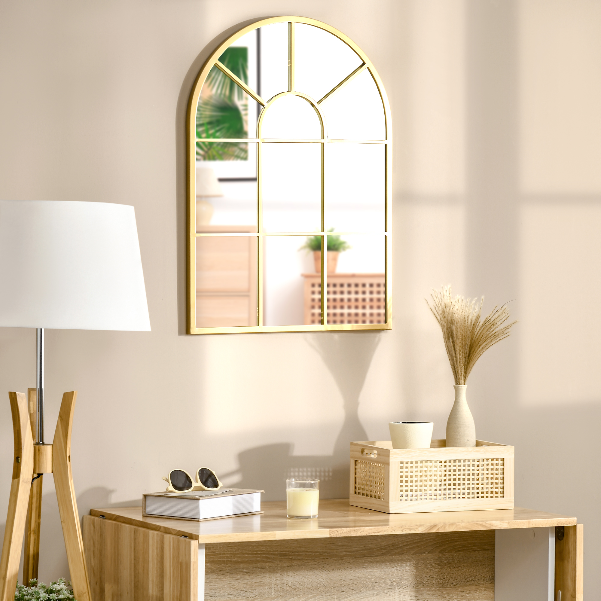 Fensterspiegel mit Metallrahmen, 70 x 2 x 50 cm, goldfarben