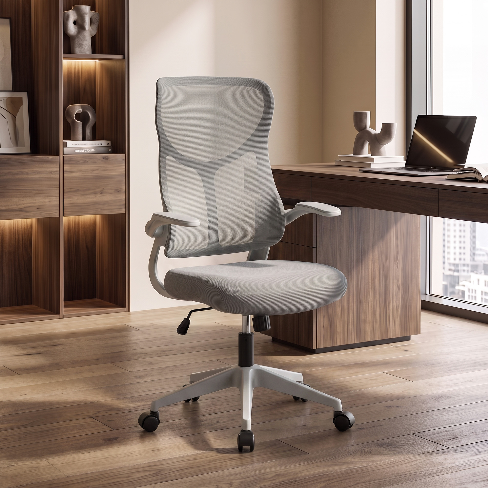 ergonomischer Mesh-Bürostuhl, drehbarer Stuhl mit hoher Rückenlehne, klappbaren Armlehnen, Wippfunktion, Grau