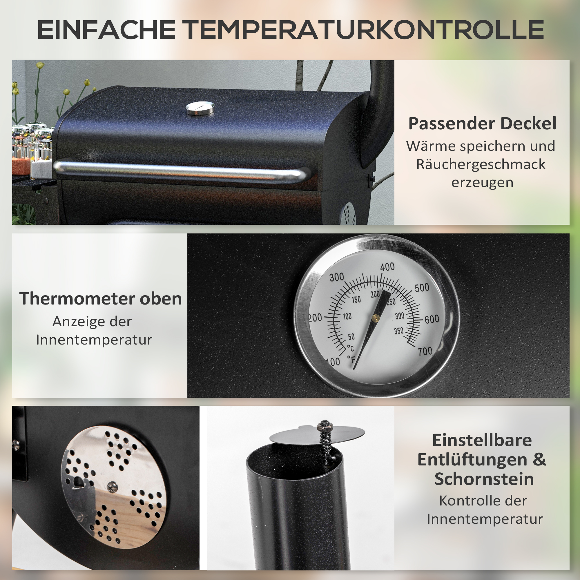 Holzkohlegrill Smoker BBQ-Grill, 1 Ablage,inkl. Thermometer, 83 x 46.5 x 115 cm, Schwarz