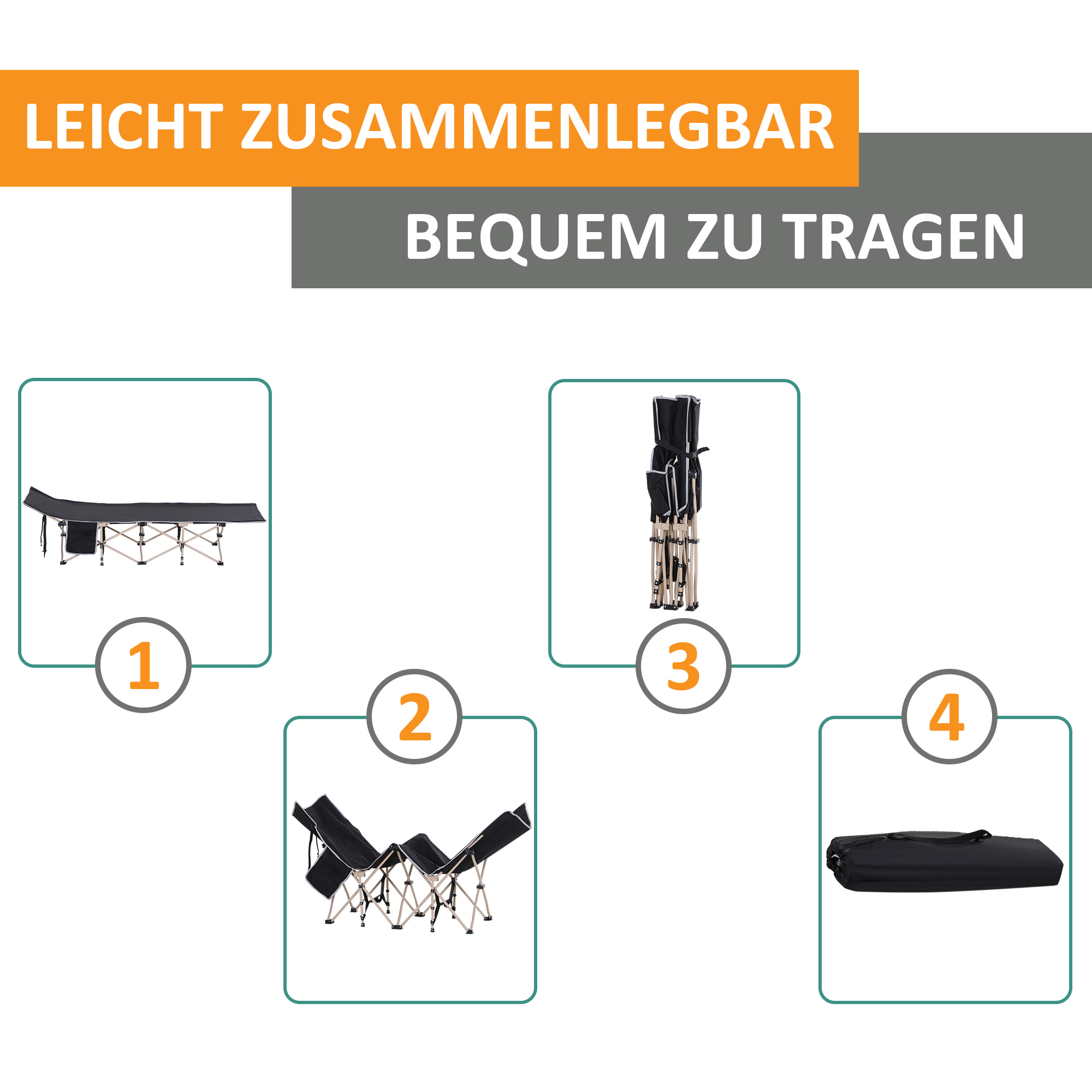 Feldbett, Campingbett, klappbar, wetterbeständig, ink. Tragetasche, 190 x 68 x 52 cm, Schwarz