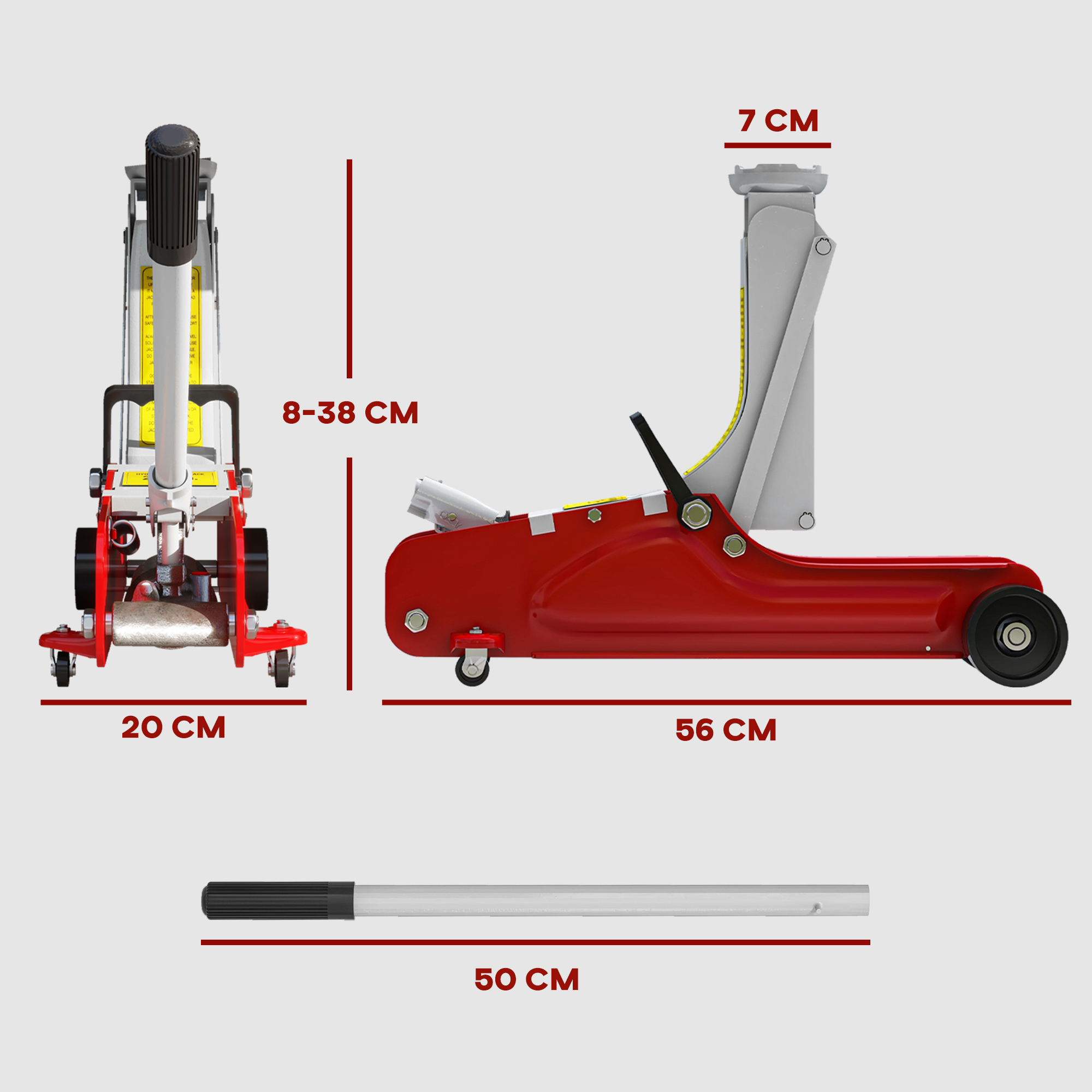Wagenheber, 8-38 cm Höhe, 2,5 Tonnen Tragfähigkeit, Stahl, rollbar, Rot