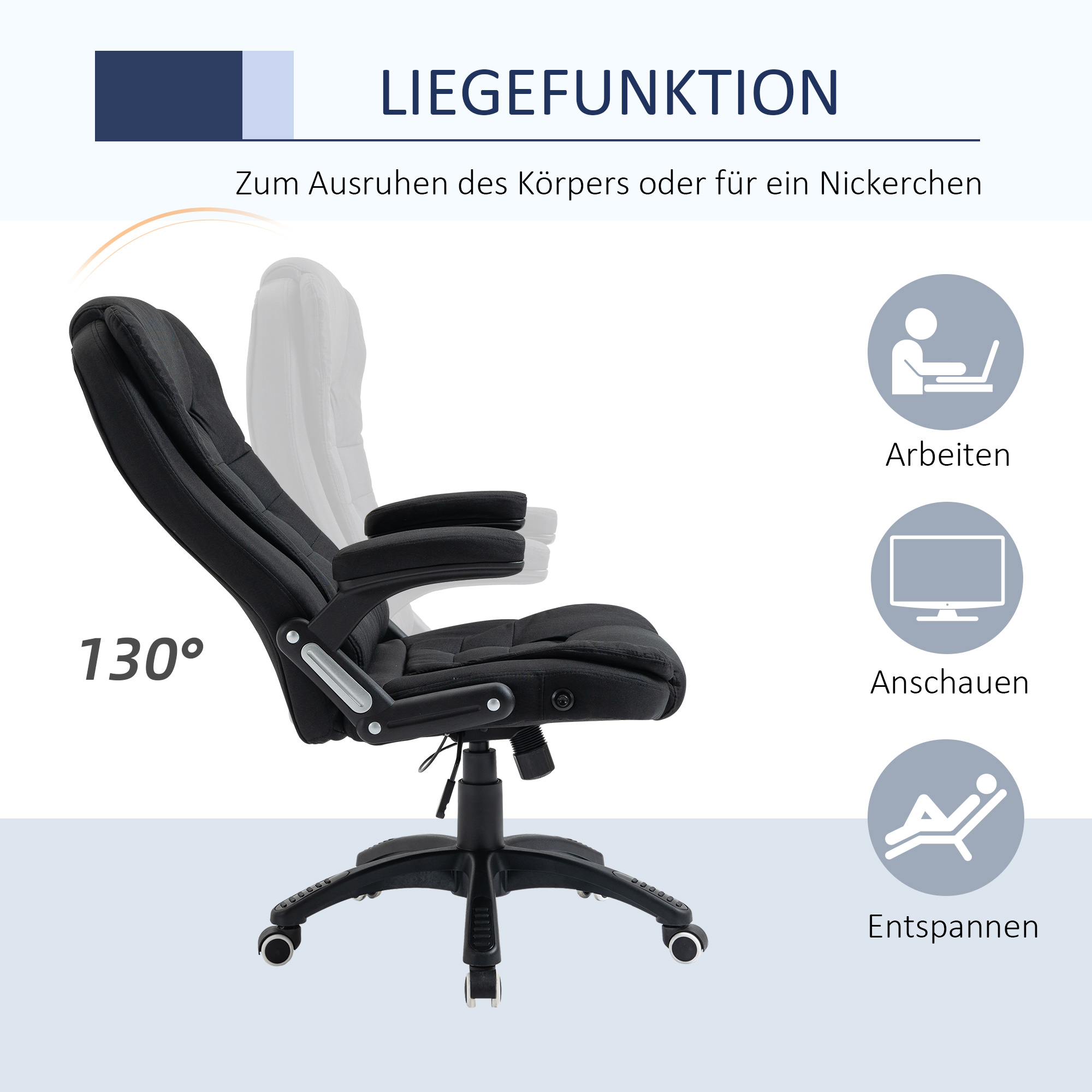 Bürostuhl Computerstuhl entspanntes Hinlegen höhenverstellbarer Schreibtischstuhl  ergonomisch 360° Schaumstoff Kunststoff-Kunststoff leinenartiges Polyester Schwarz 65 x 72 x 100-120 cm