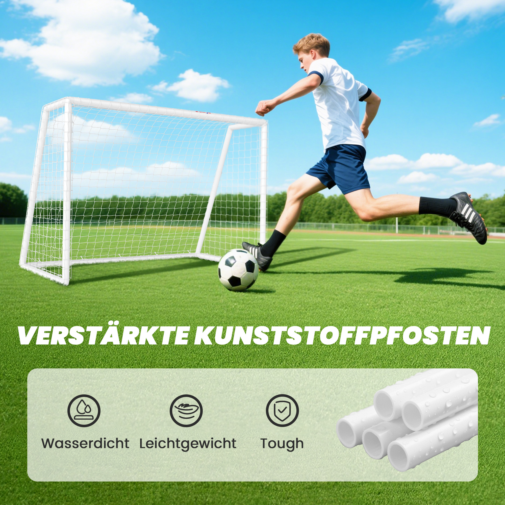 Fußballtor, robustes Netz, Kunststoff-Rahmen, Heringe, 180L x 92B x 124H cm, Weiß