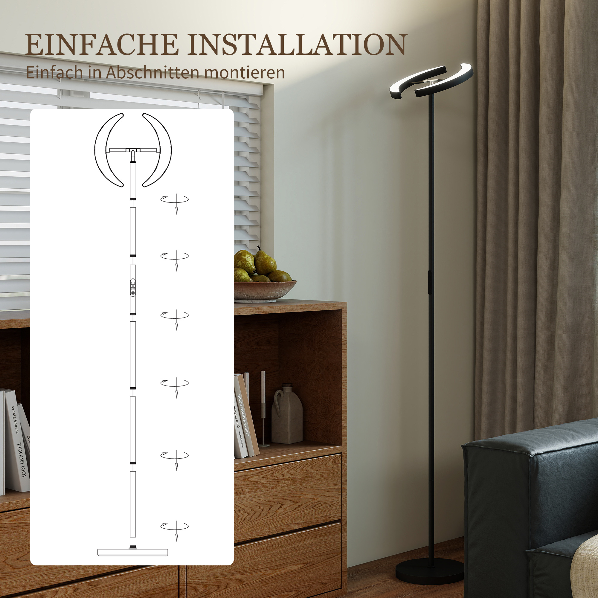 RGB Stehlampe, dimmbare Lampe mit mehrfarbigen Beleuchtungsmöglichkeiten, drehbar, Schwarz