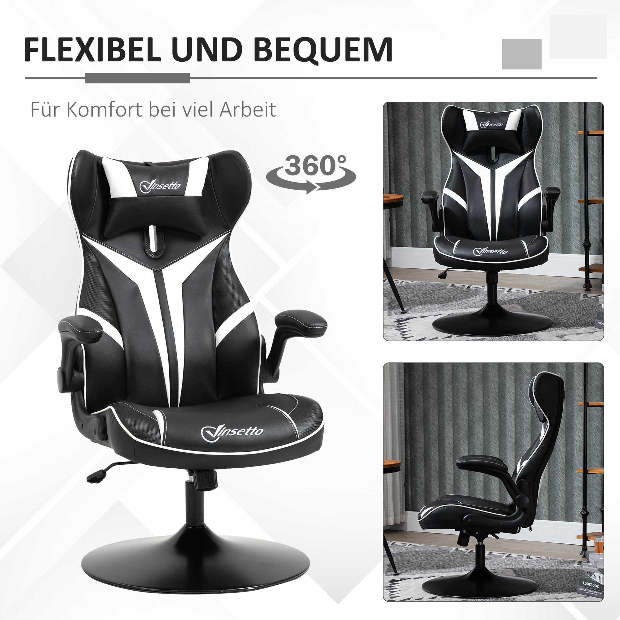 Gaming Stuhl ergonomischer Computerstuhl mit Wippfunktion Drehstuhl höhenverstellbar Stahl Schwarz+Weiß 67 x 70 x 106-112 cm