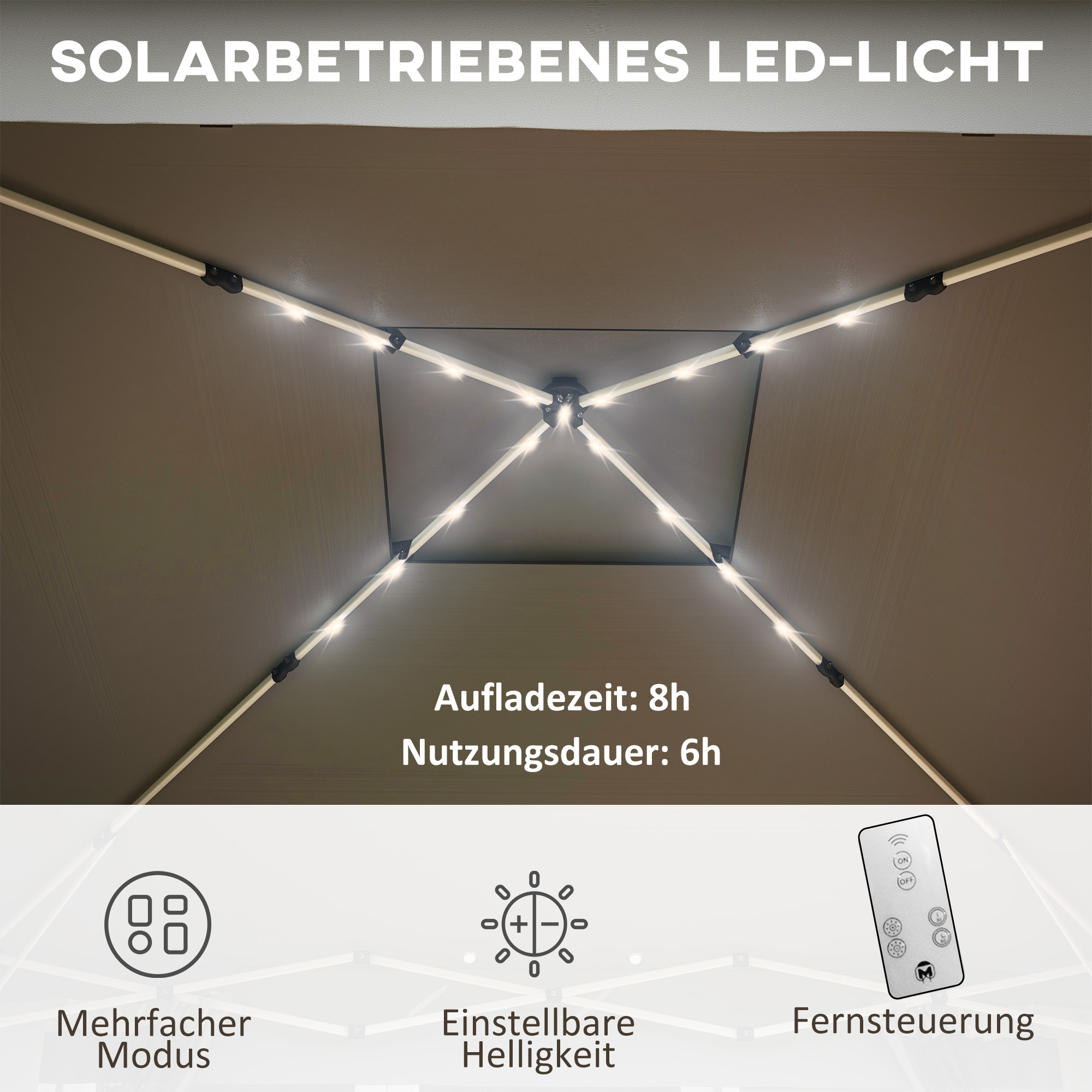 Gartenzelt mit solarbetriebenen LED´s Gartenzelt mit Beleuchtung, 336 cm x 336 cmx 270 cm, Grau