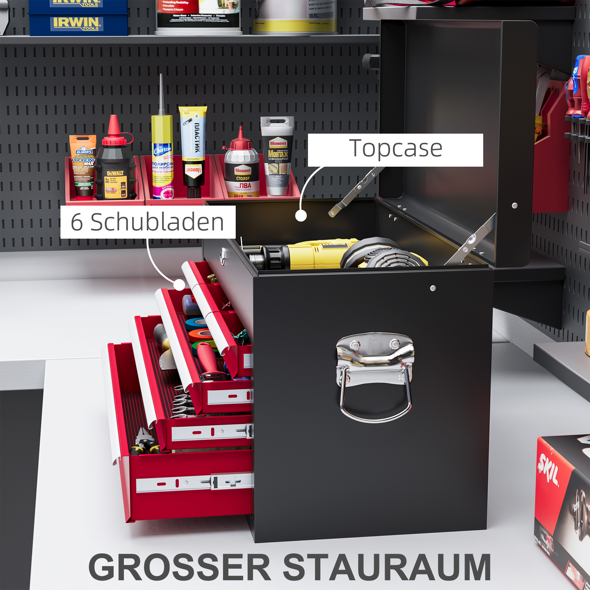 Werkzeugkiste, abschließbar, 3 Schubladen, Stahlgehäuse, 60x26x34cm, Rot+Schwarz