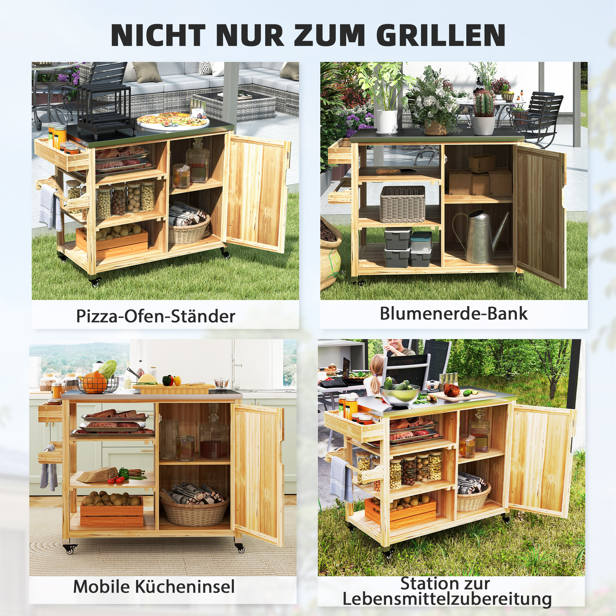 Outdoor-Kücheninsel, Grillwagen mit Schrank und Regalen, Küchenwagen aus Holz und Edelstahl, mit Rollen, Naturholz