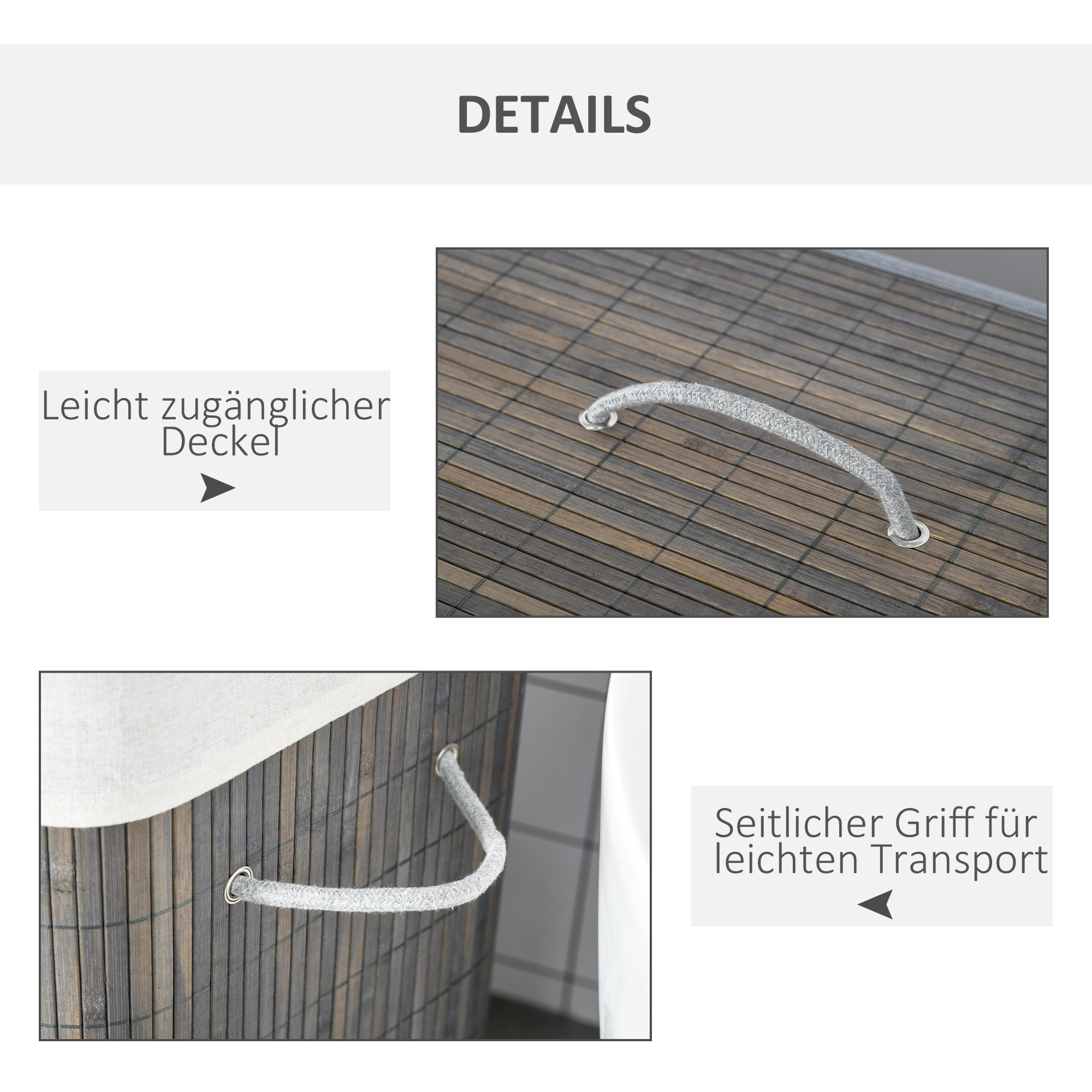 100L Wäschekorb mit 3 Griffen, mit waschbarem Wäschesack, Bambus, Polyester, Baumwolle, Metall, 52 x 32 x 63 cm, Grau