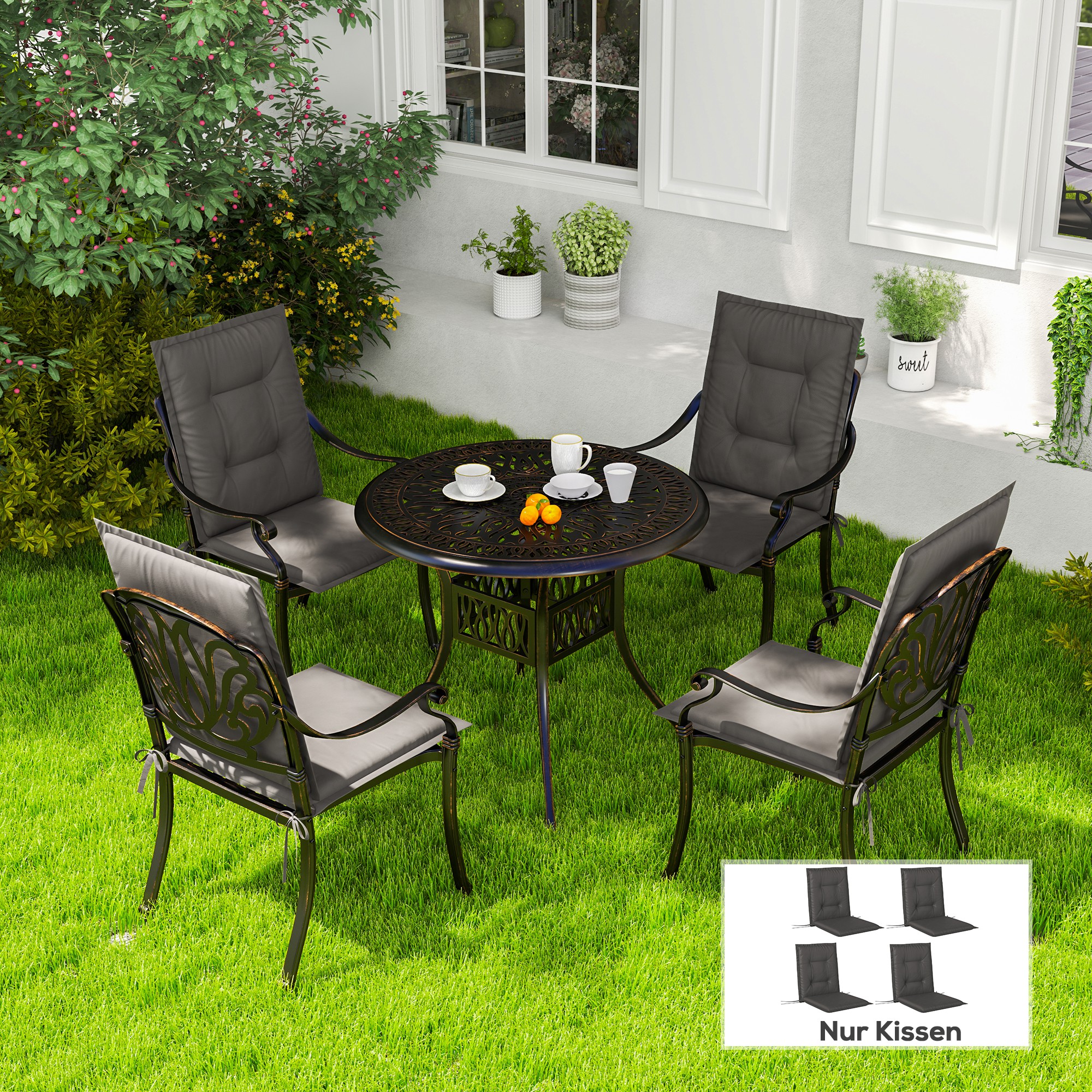 4er Set Sitzkissen 108 x 50 x 5 cm Stuhlkissen mit Bändern, Outdoor Indoor Sitzauflage Dunkelgrau