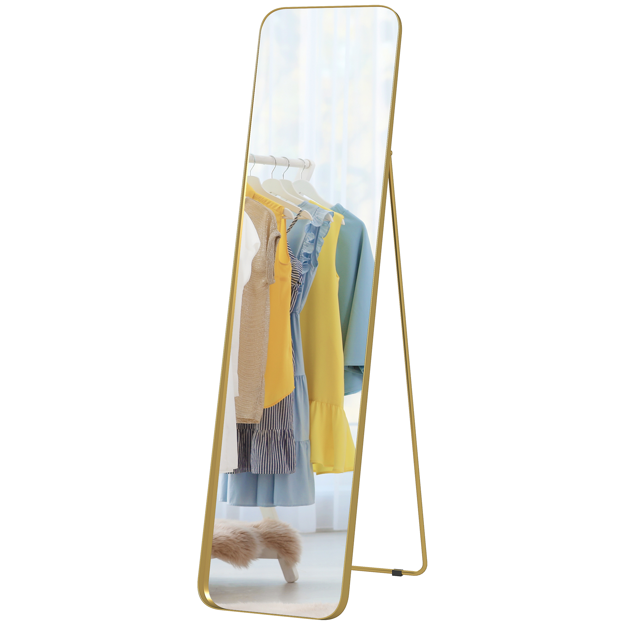 Ganzkörperspiegel, freistehend, neigbar, Metallrahmen, MDF, 160 x 40 cm, Goldfarben Ganzkörperspiegel, freistehend, neigbar, Metallrahmen, MDF, 160 x 40 cm, Goldfarben