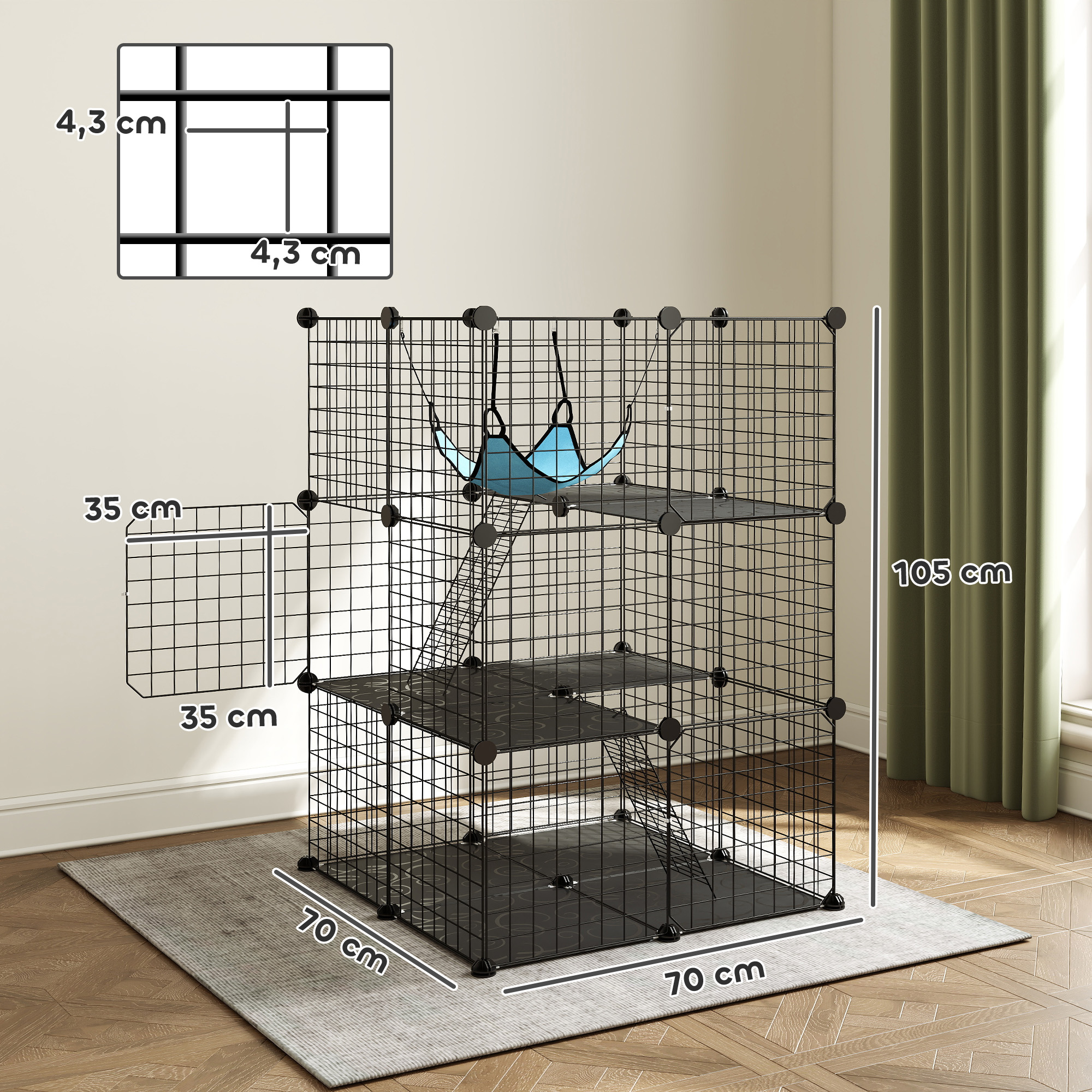 Indoor Katzenkäfig 105 cm, Stahl-Katzengehege mit 3 Türen, DIY-anpassbares Design für Kätzchen unter 4kg