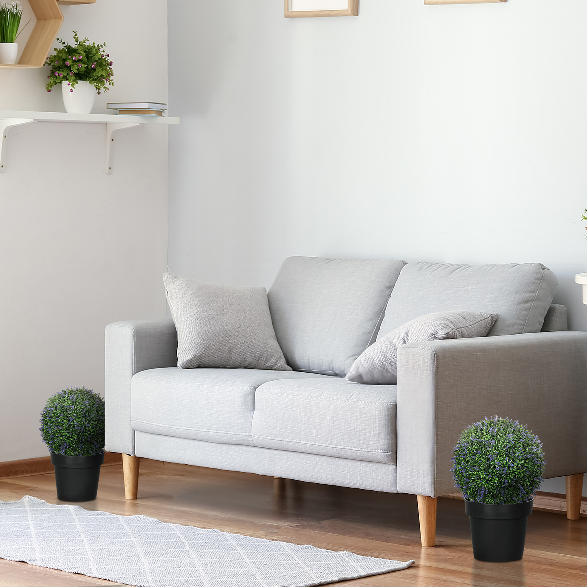 2er-Set künstliche Pflanzen in Kugelform, UV-beständig, Kunstpflanzen für Indoor- und Outdoor-Bereich, 42 cm, Grün+Lila