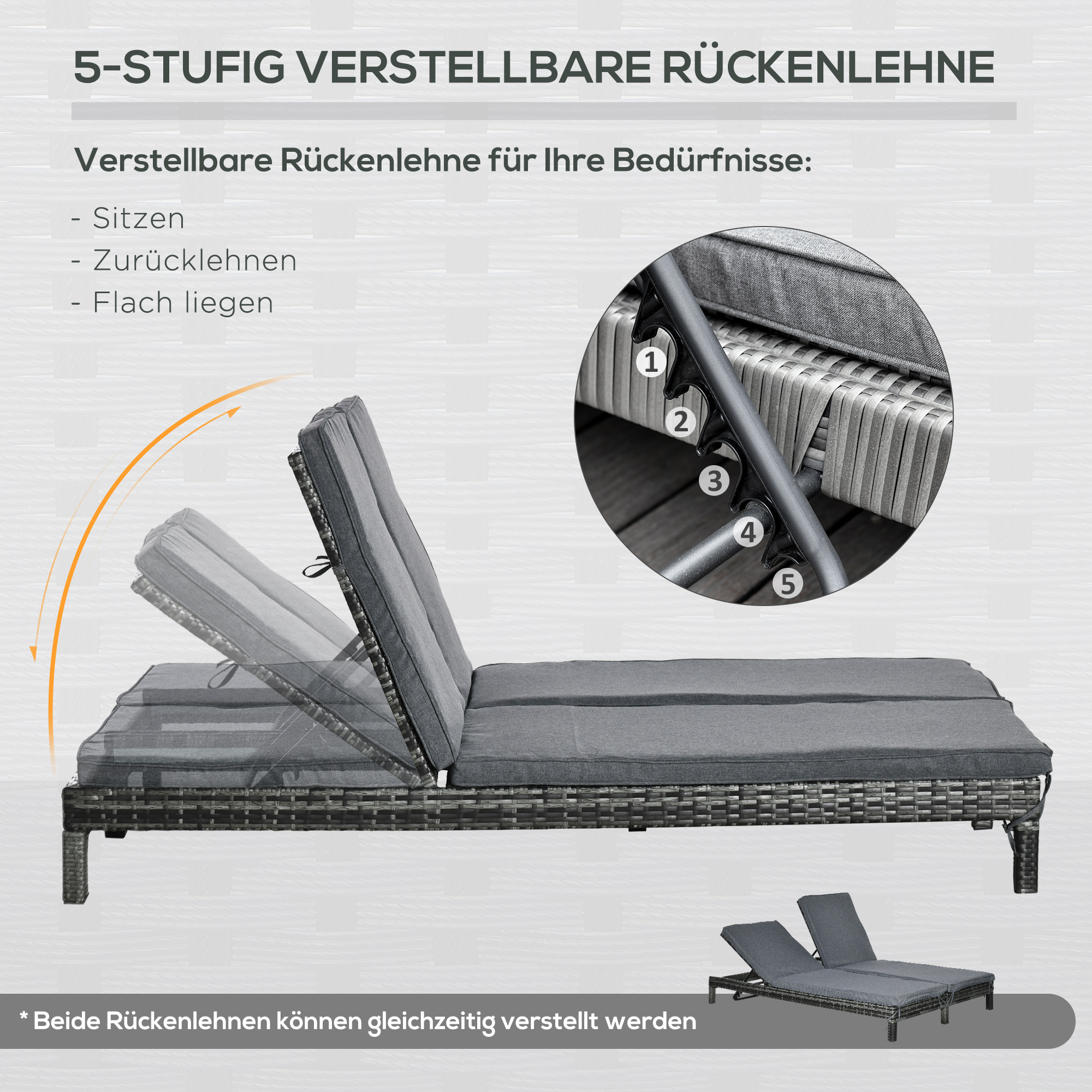Polyrattan Doppelliege Sonnenliege Gartenliege für 2 Personen Relaxliege Luxus Lounge 5-stufige Rückenlehne Metall PE Rattan Grau 196 x 120 x 28 cm