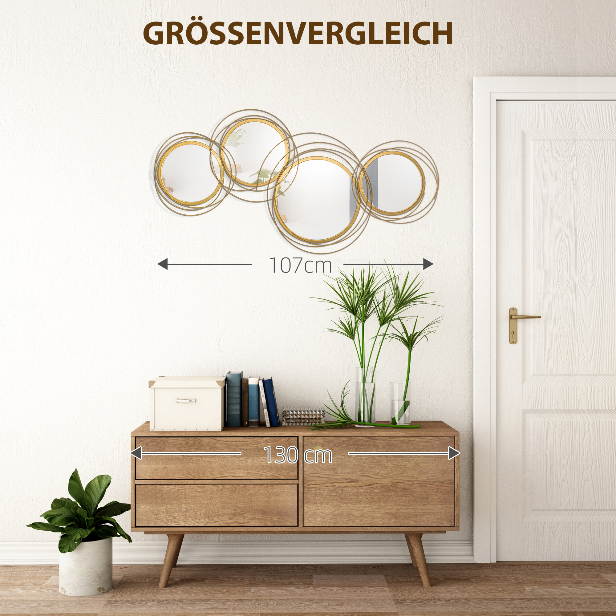 Spiegel-Set für Wanddekoration, Wandschmuck mit 4 runden Spiegeln, Wandspiegel, Flurspiegel,107 x 4 x 56 cm