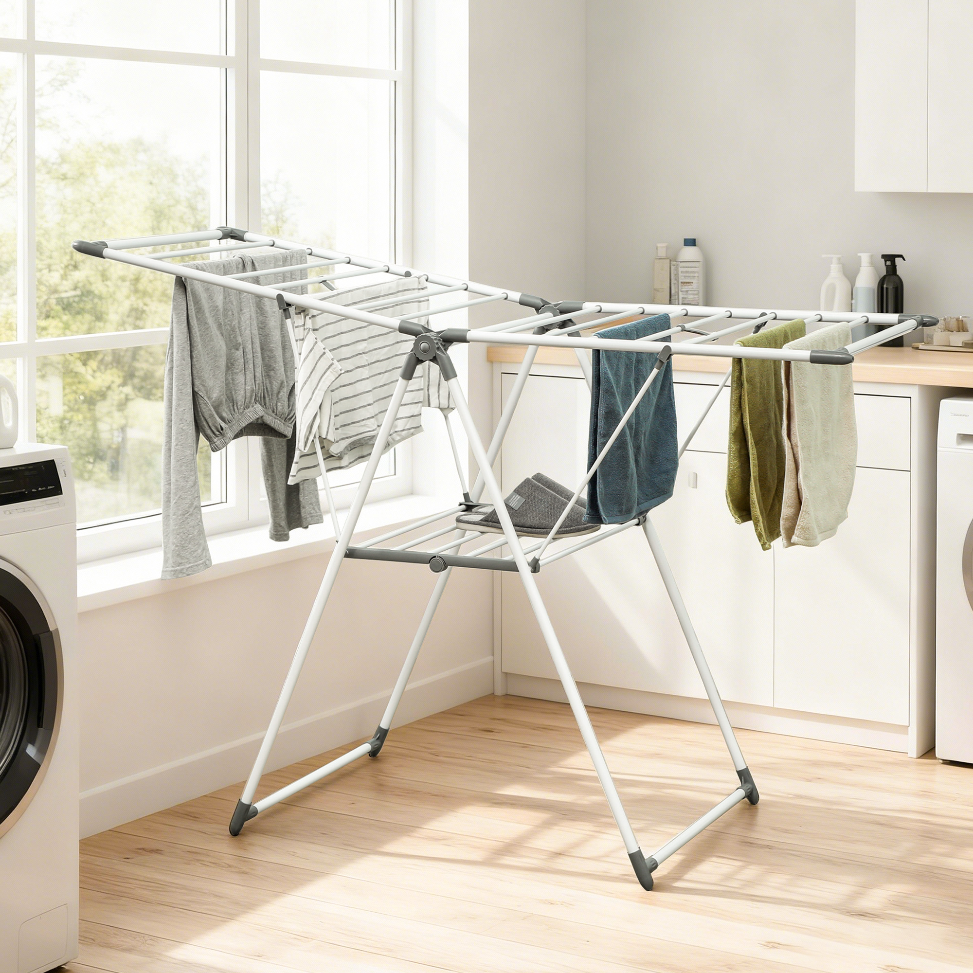 Wäscheständer 1,565 m Trockenlänge Faltbarer Standtrockner mit 2 Ebenen, verstellbare Flügel, Flügelwäscheständer, Weiß