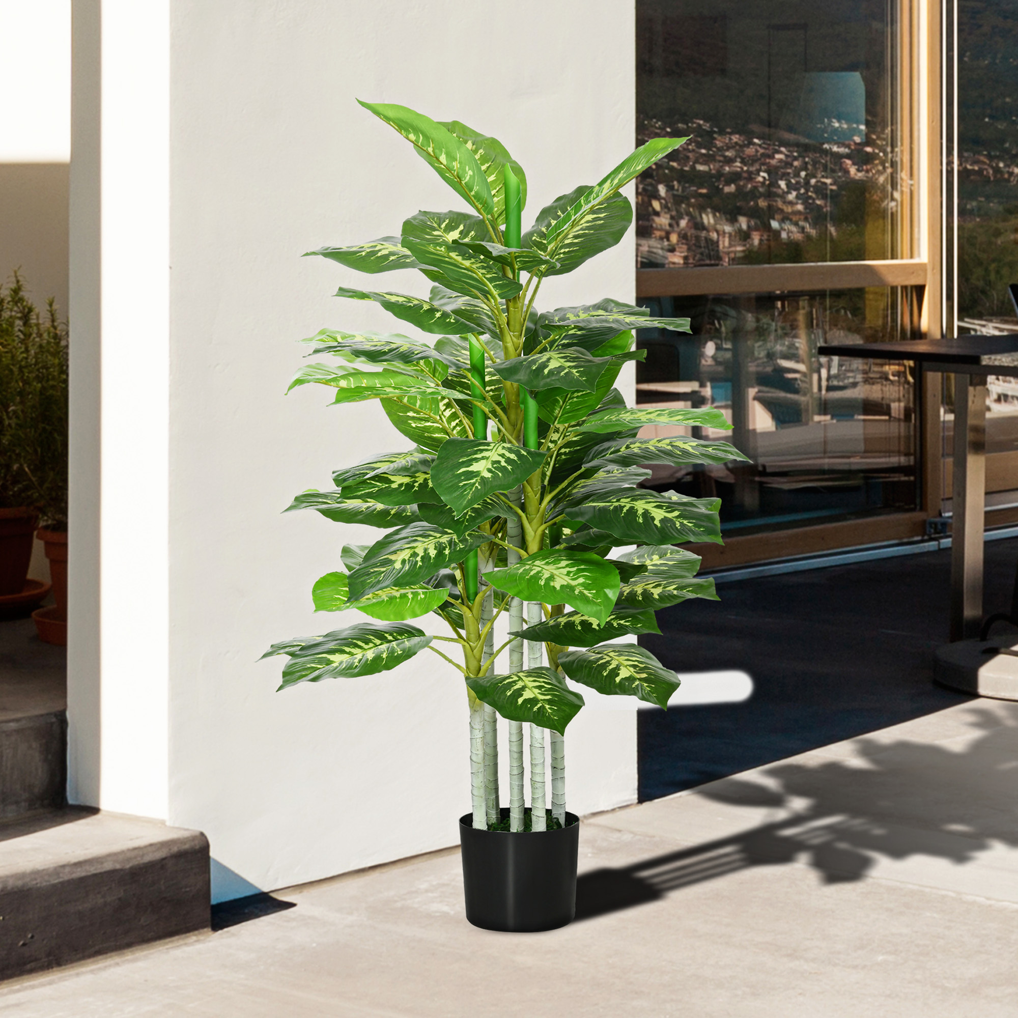 Kunstpflanze, Kunststoff-Pflanze, Zementtopf, Indoor und Outdoor, 120 cm, Grün