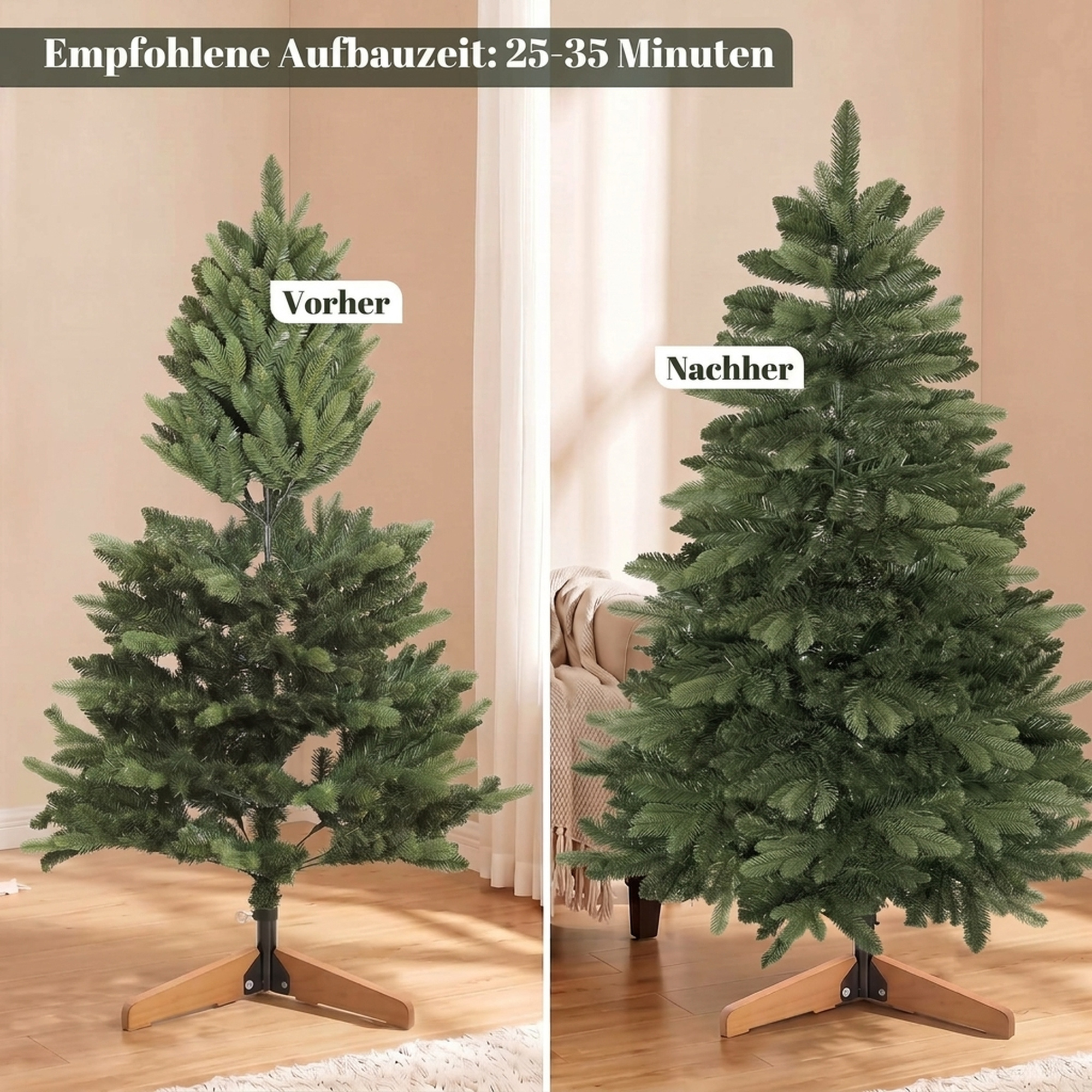 künstlicher Weihnachtsbaum 150 cm, Edeltanne, voll mit Klappästen, 525 Spitzen, faltbarer Holzständer, Grün