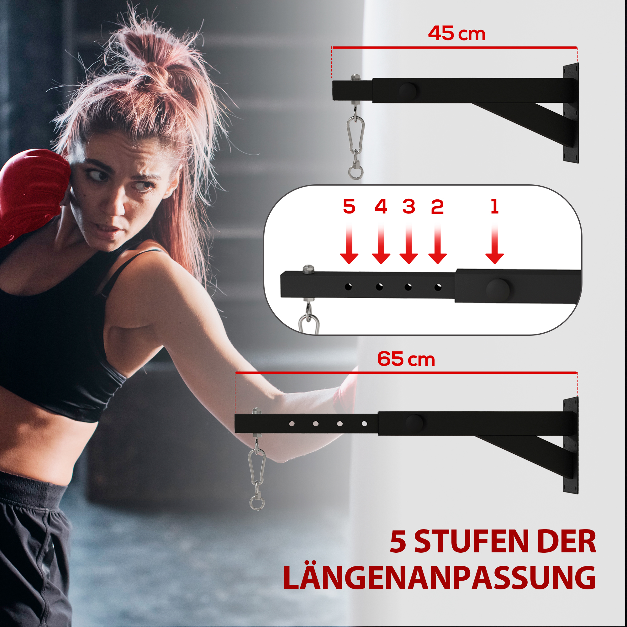 Boxsackhalterung, 5-stufig längenverstellbar, Wandmontage, bis 60 kg, Stahl, Schwarz