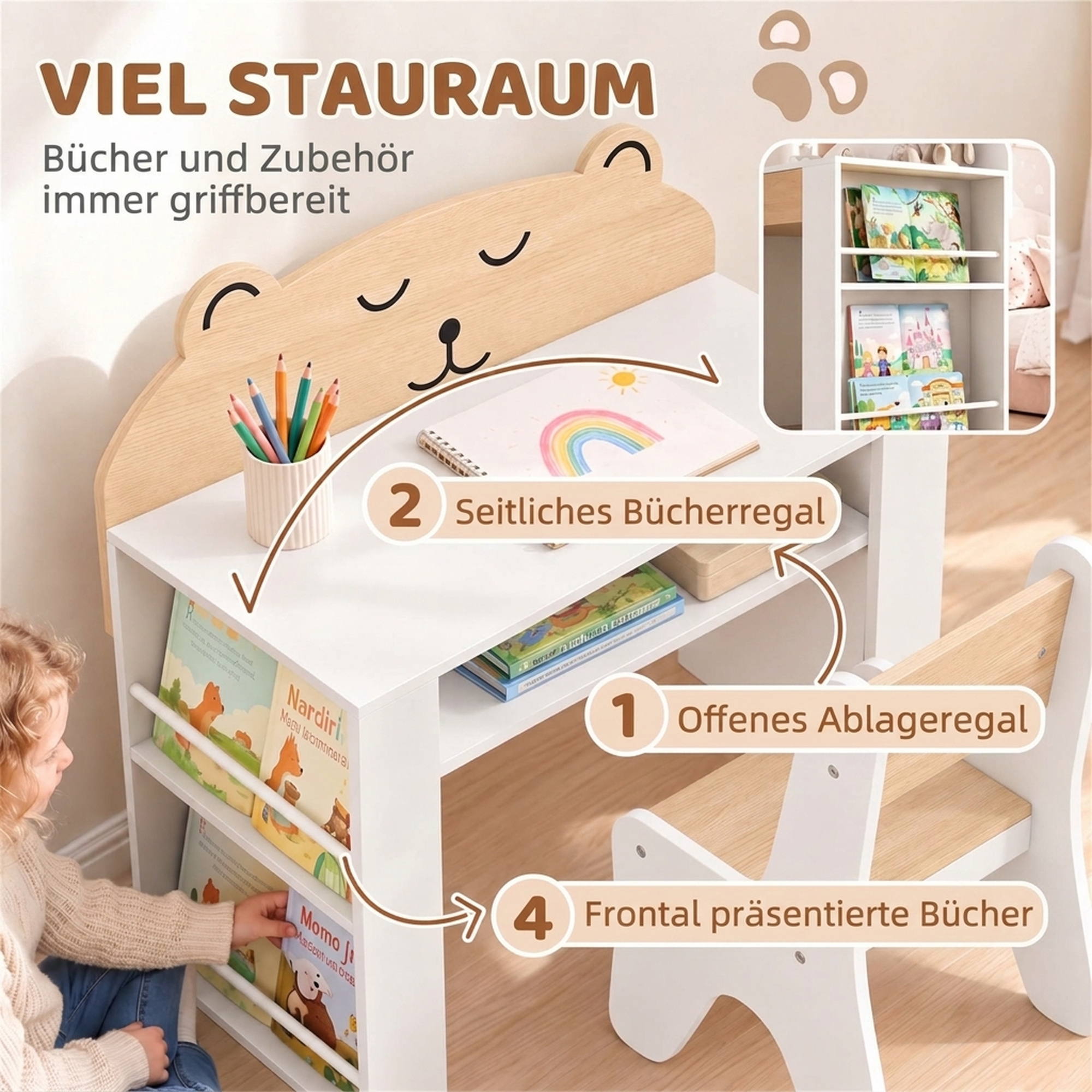 Kindertisch mit Stuhl 2 teilige Kindersitzgruppe mit Bücherregal Ablagefach Bären-Design für Kinder 3-8 Weiß