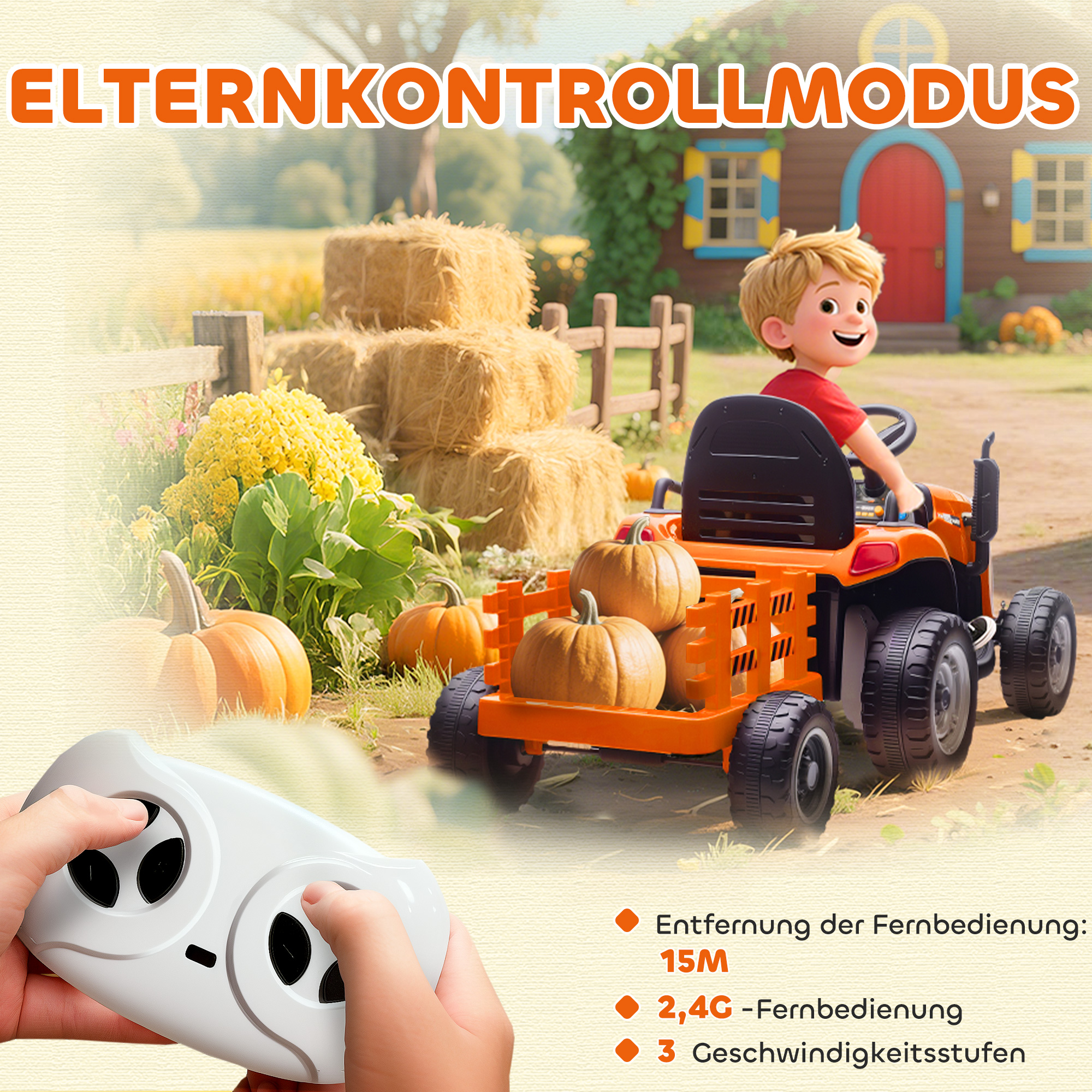 Kindertraktor, mit Fernbedienung, orange
