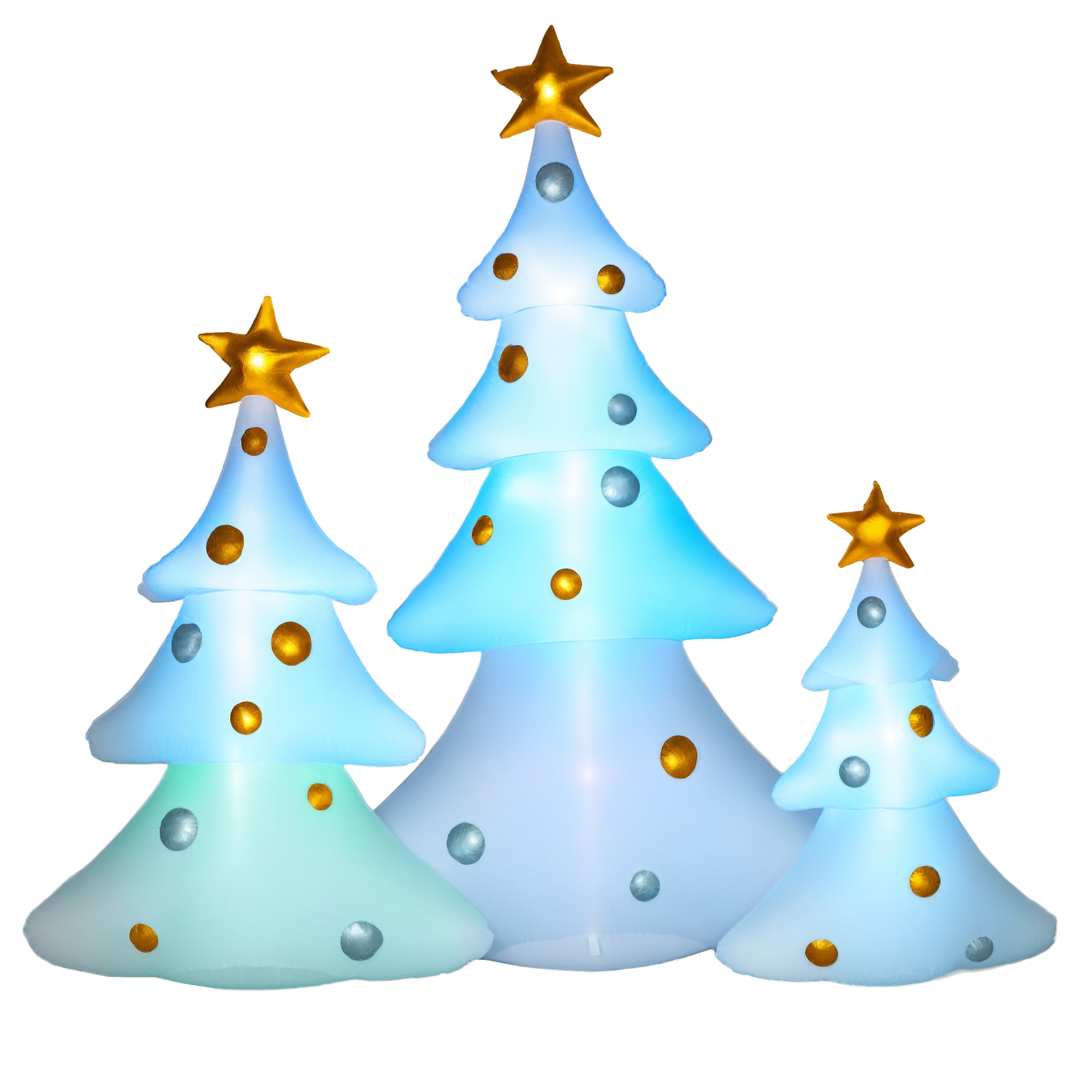 3er-Set aufblasbare Weihnachtsbäume, inkl. Gebläse, In- und Outdoor, inkl. Befestigungsmaterial, Weiß+Gold
