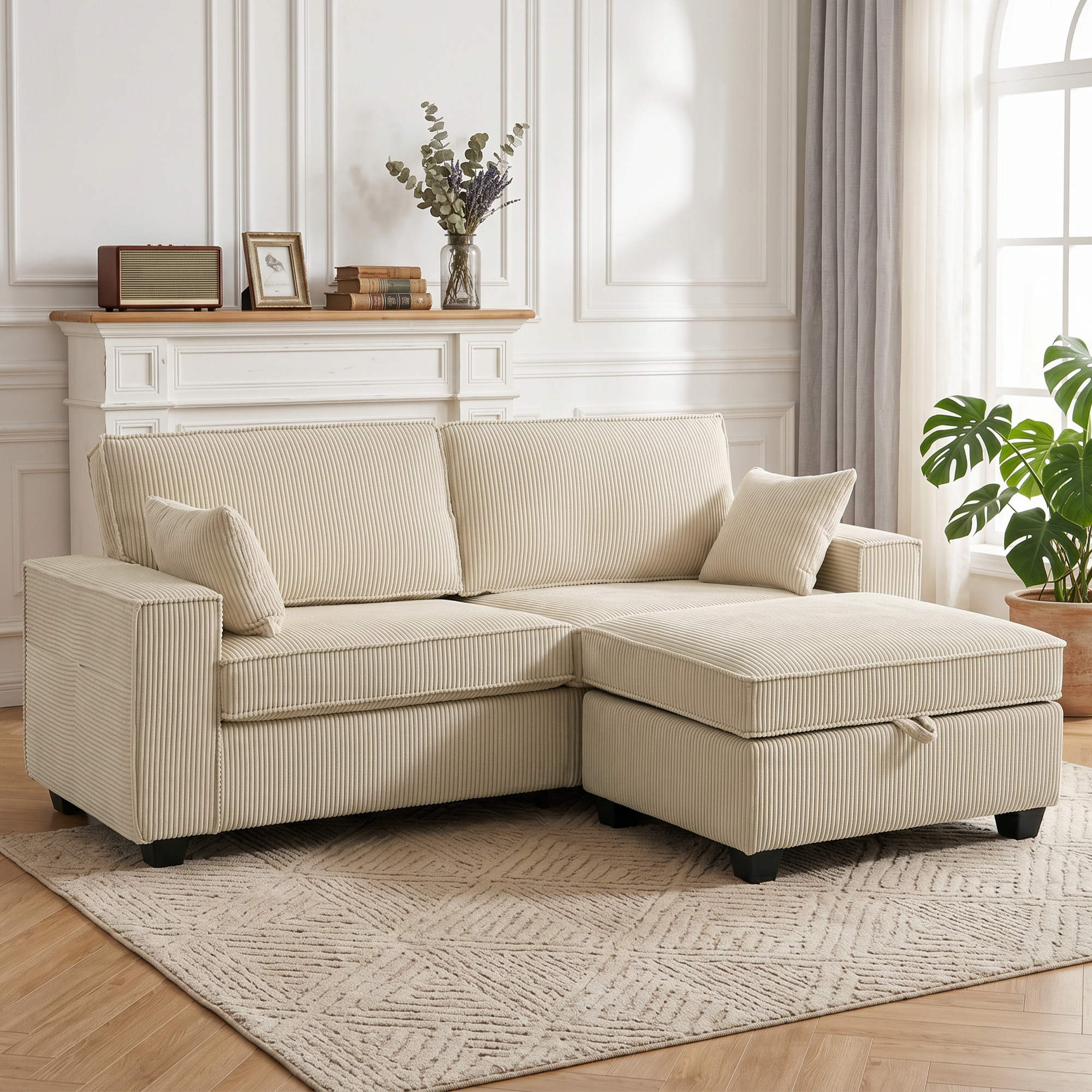 Ecksofa 216 cm 3-Sitzer L-Form Sofa mit Umkehrbarem Aufbwahrungshocker, Cord-Optik, Breiter Sitzfläche, für Wohnzimmer