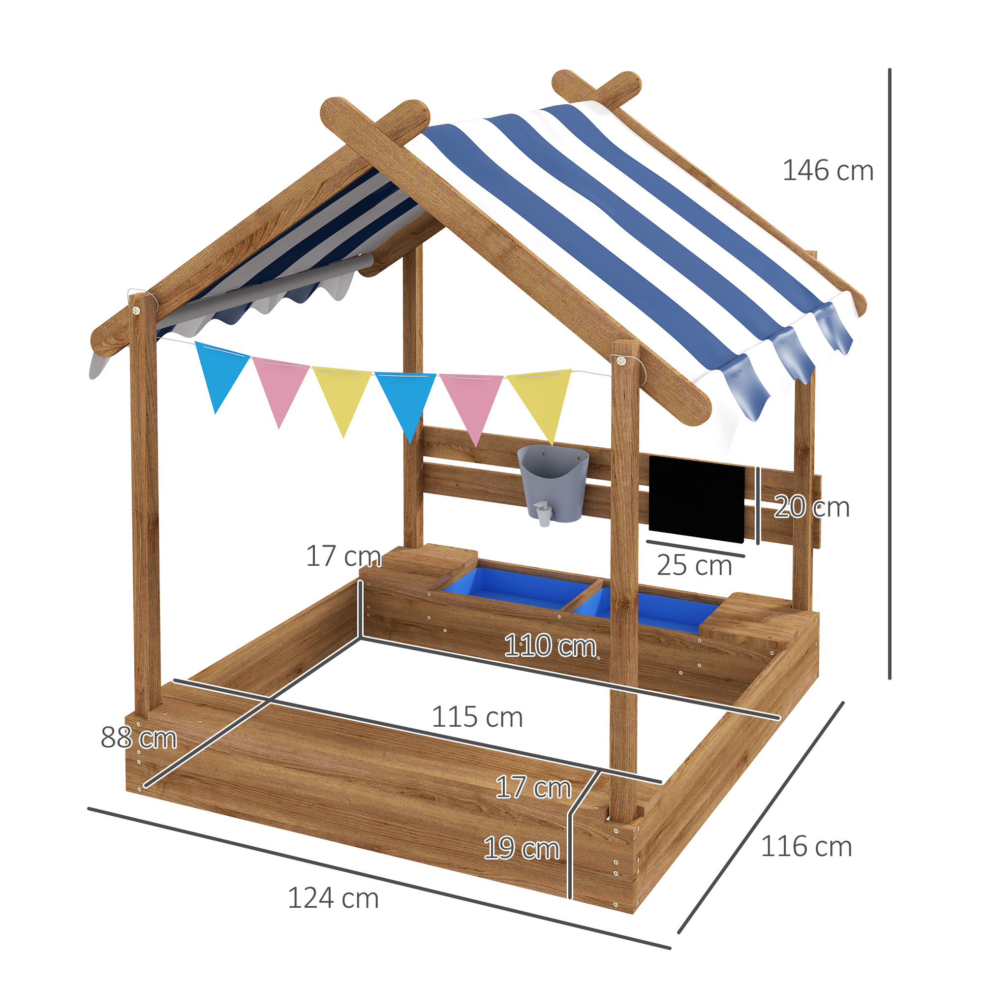 Sandkasten mit Sonnenschutz, Spielhaus-Design, mit Spielzeug-Set, behandeltes Massivholz, 124 x 116 x 146 cm, Braun
