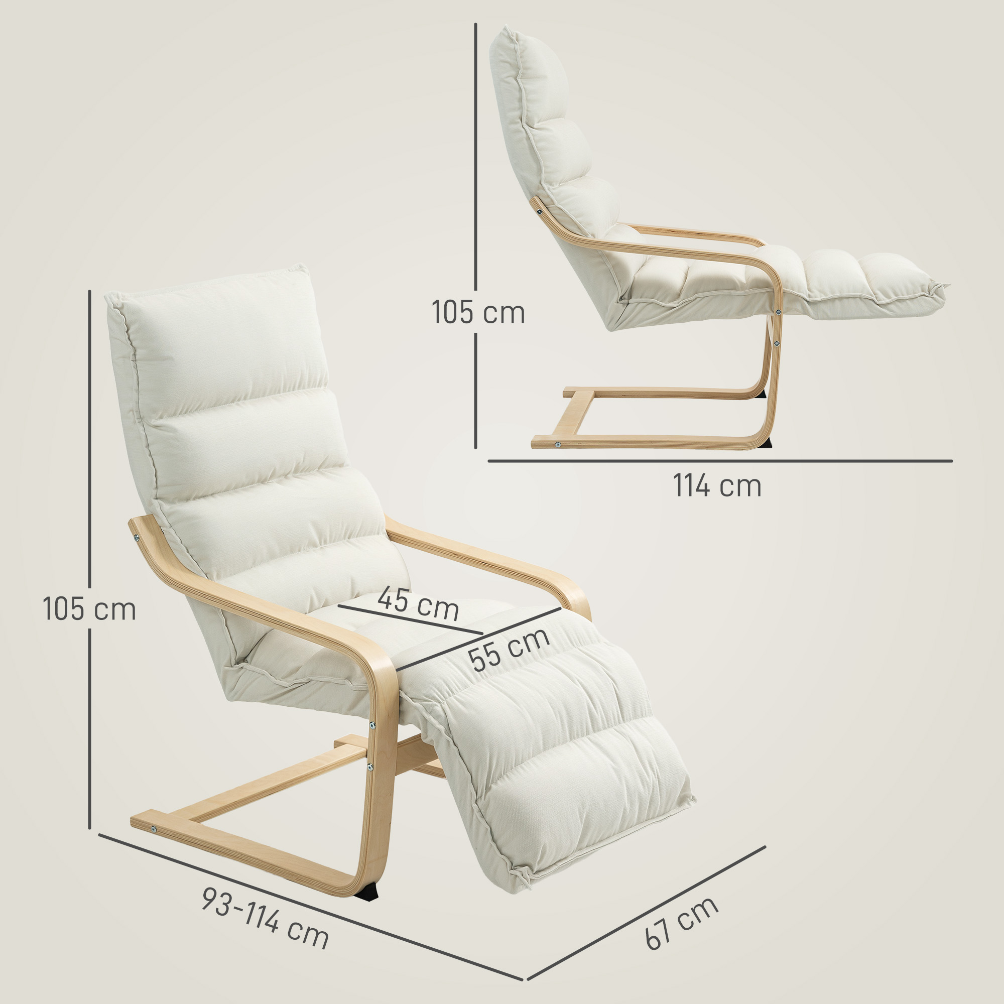 Lounge-Sessel aus Birkenholz, Polstersessel mit verstellbarer Fußstütze, Moderner Armlehnstuhl, Cremeweiß