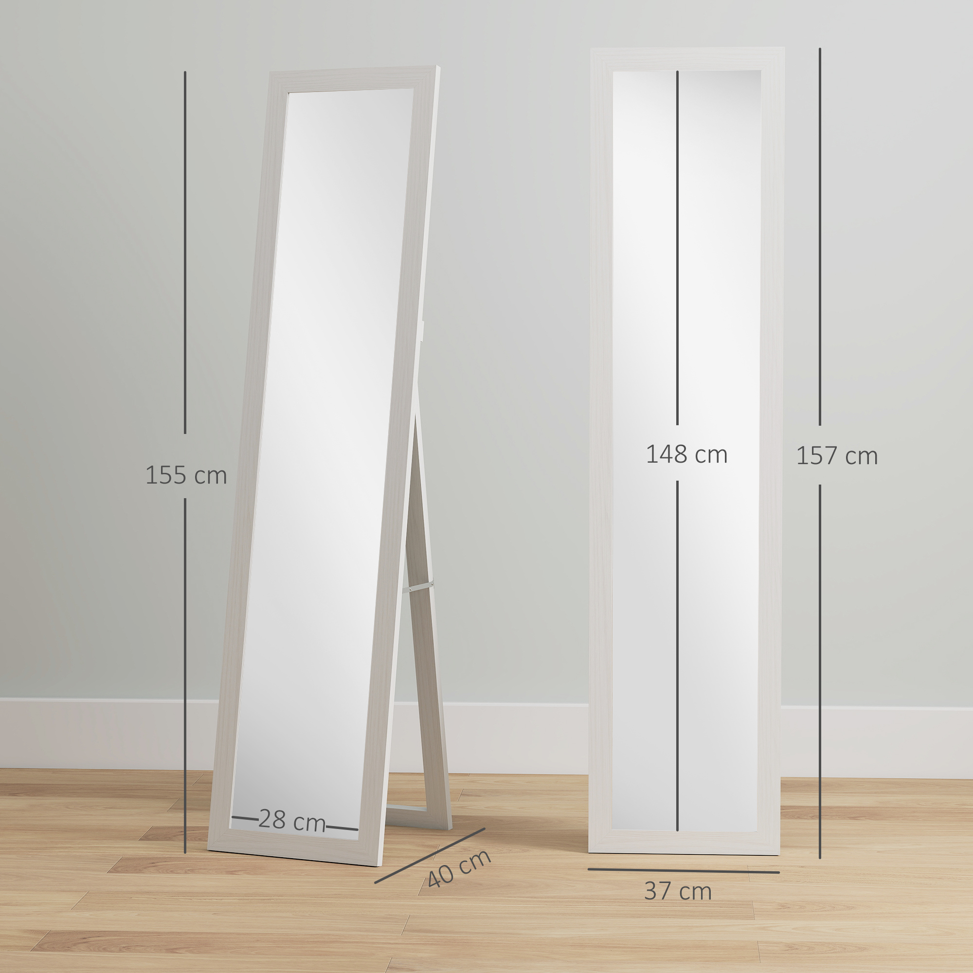 Standspiegel, Ganzkörperspiegel mit Ständer, freistehender Wandspiegel, 37 x 157 cm, Weiß