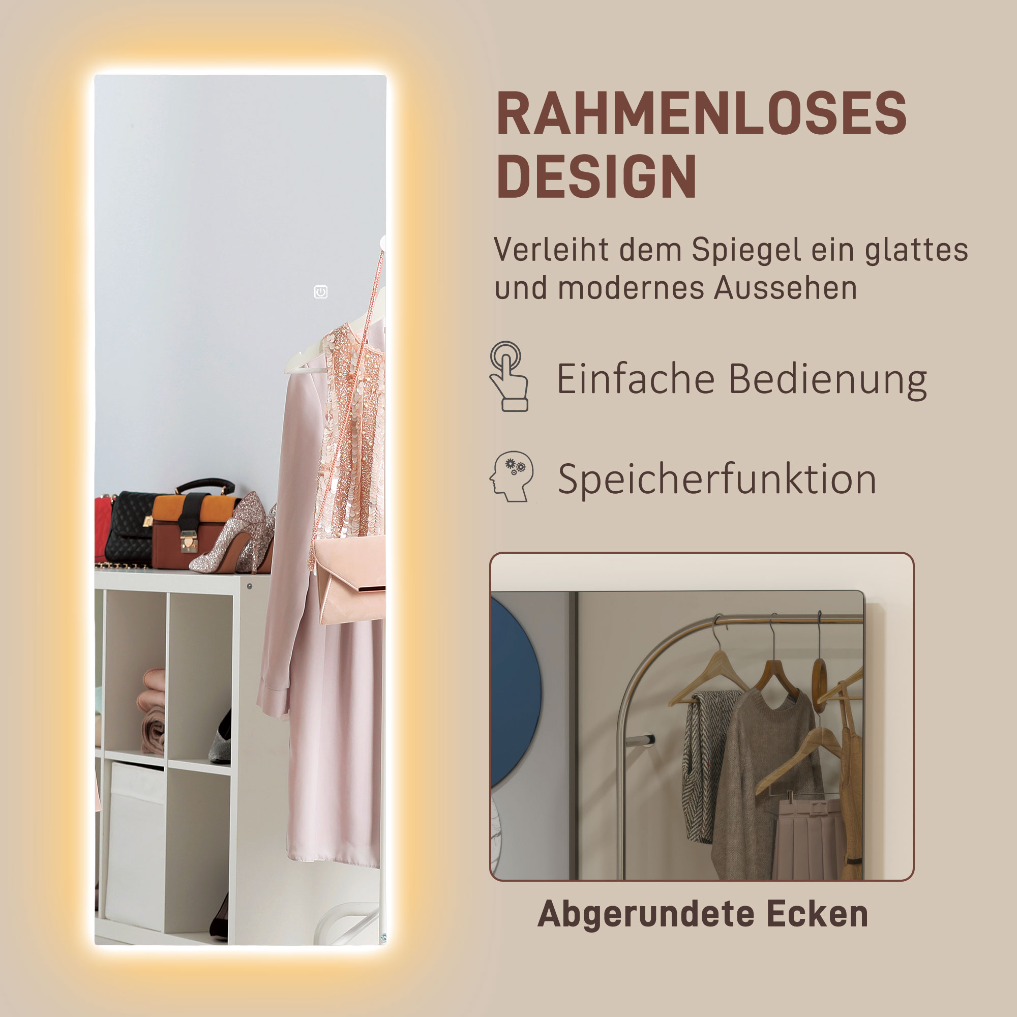 LED Ganzkörperspiegel, dimmbar, rahmenlos, Touch-Steuerung, 40 x 120 cm