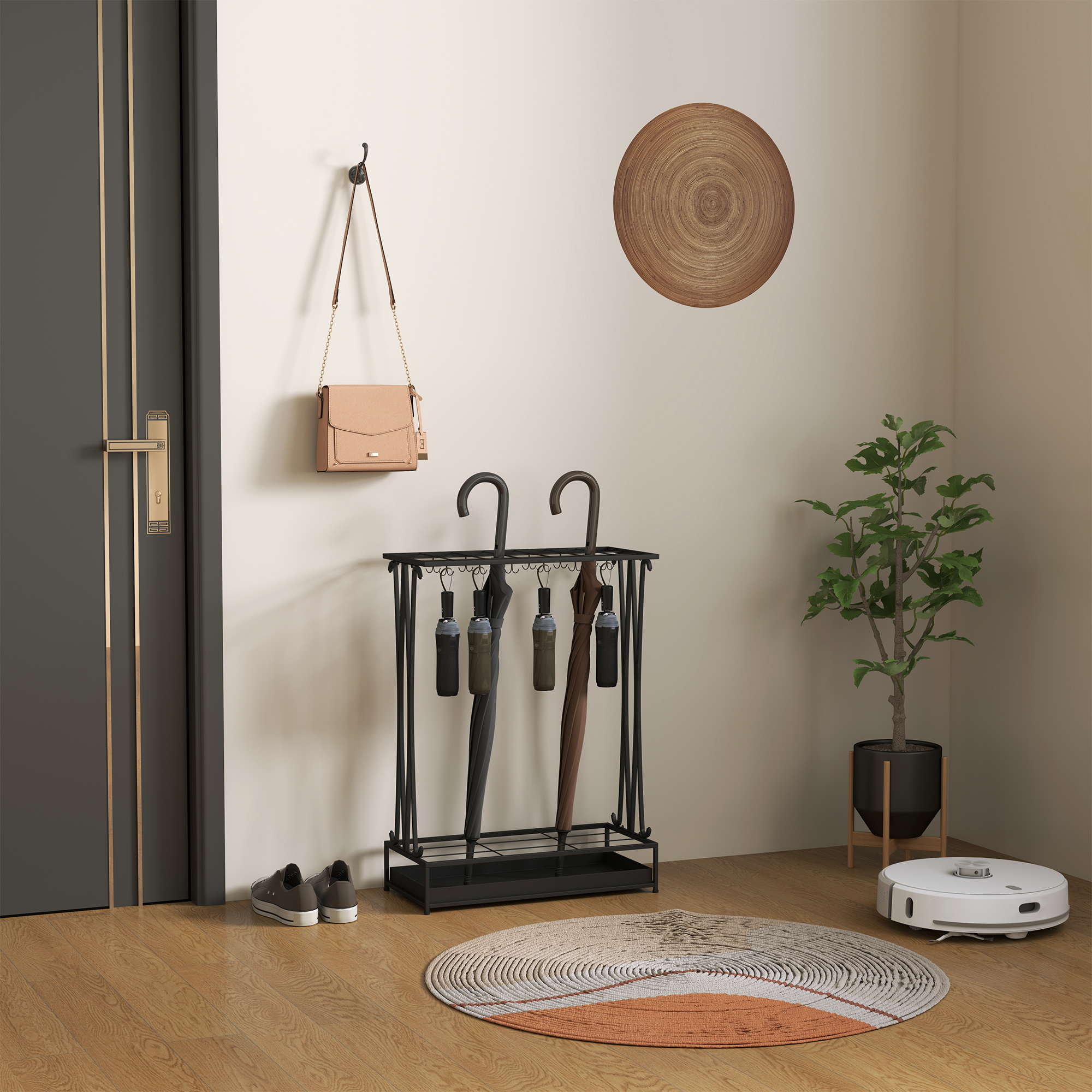 Schirmständer mit herausnehmbarer Tropfwasserschale, Regenschirmständer mit 21 Öffnungen und 24 Haken, Stahl, Schwarz