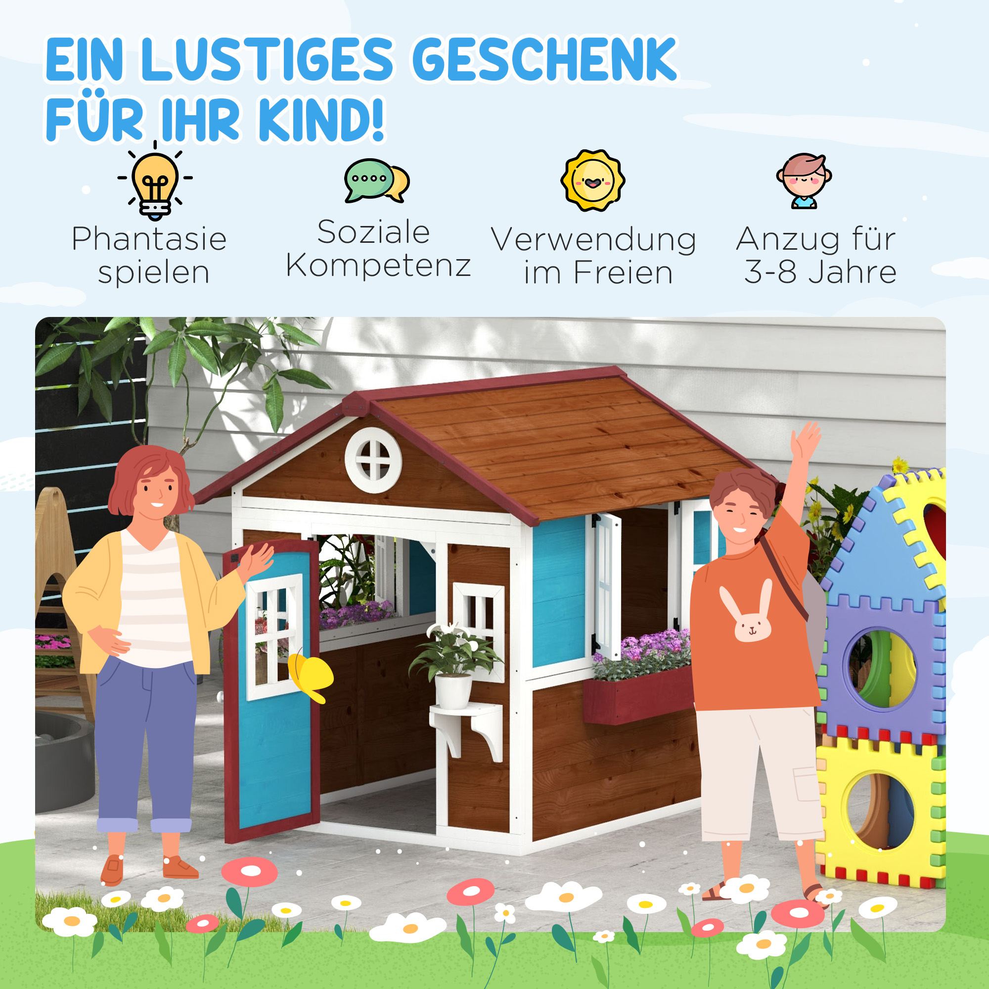 Kinderspielhaus, Holz-Spielhaus für Kinder, Outdoor-Gartenspielhaus mit Fenstern, Blumentöpfe, 3-8 Jahre, Blau