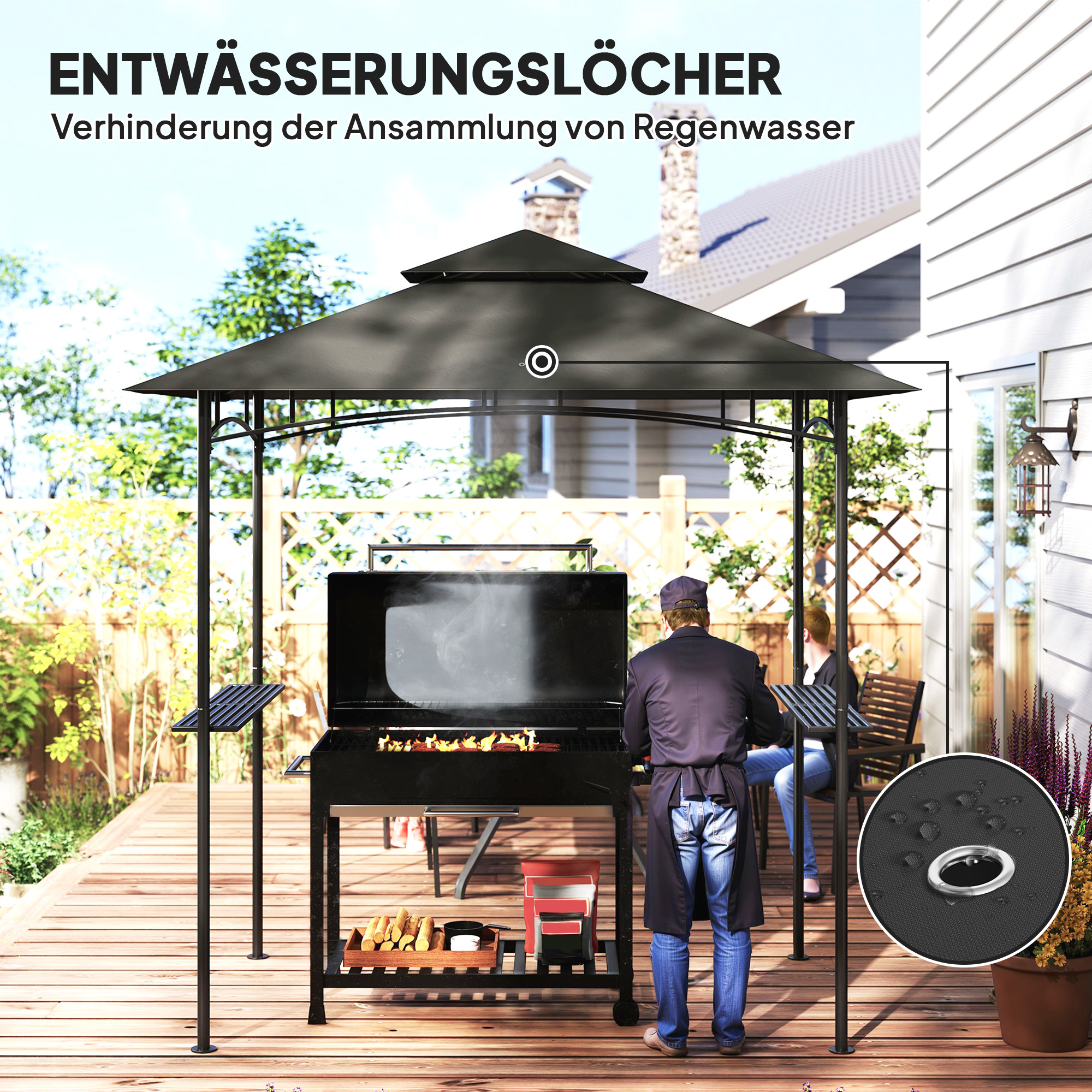 Grillpavillon mit LED 240 x 150 x 258 cm wasserabweisend flammhemmend Gartenpavillon mit Doppelschichtdach