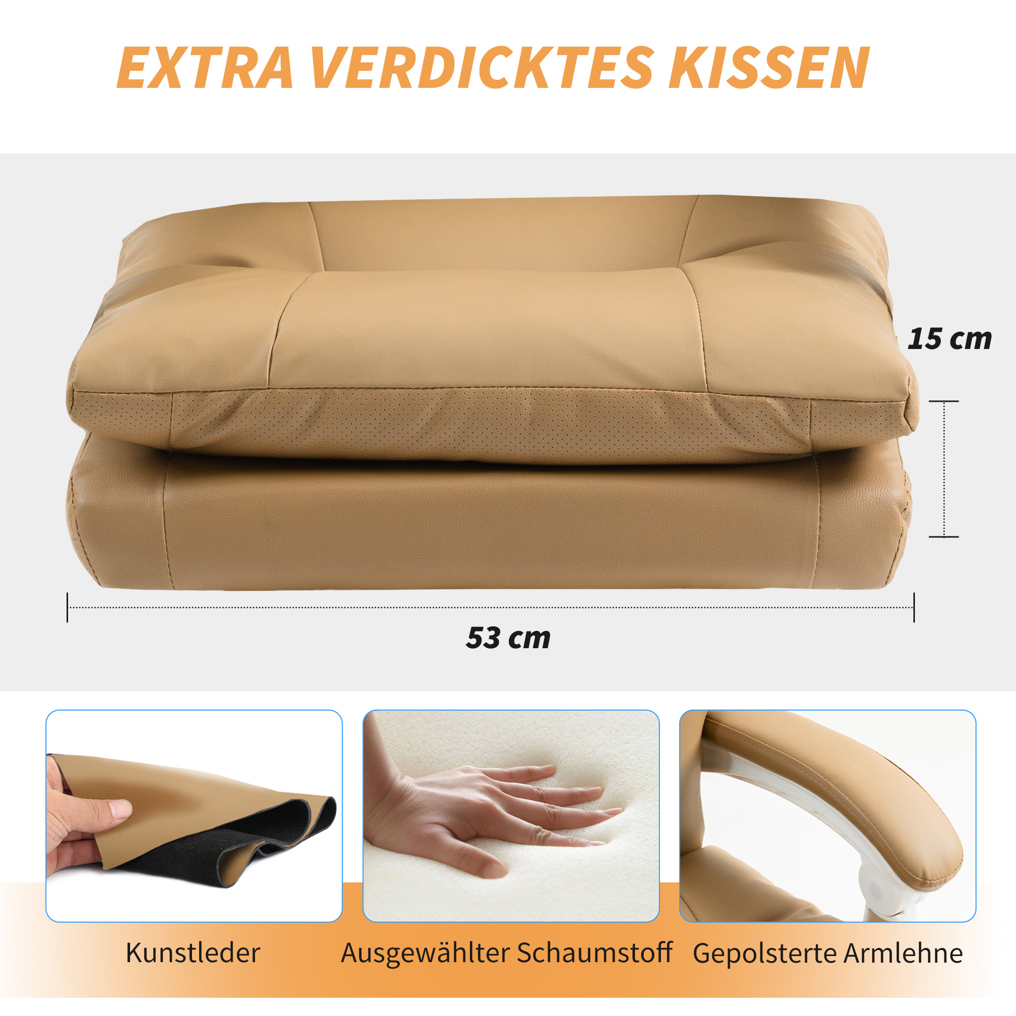 Bürostuhl Ergonomischer Schreibtischstuhl mit Lendenwirbelstütze, Klappbar Armlehne, Fußstütze Hellbraun