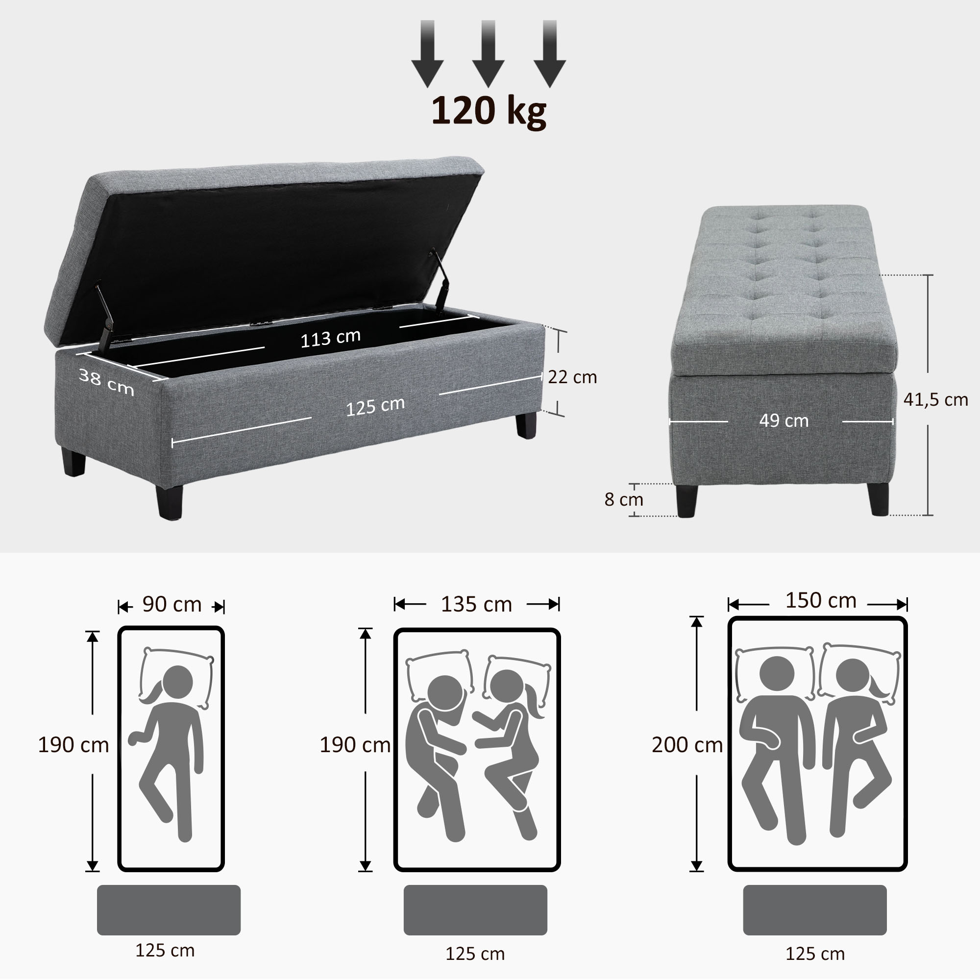 Sitzbank mit Stauraum, Ottomane, Flurbank, Knopfheftung,125,1 cm x 48,9 cm x 41,3 cm, Grau
