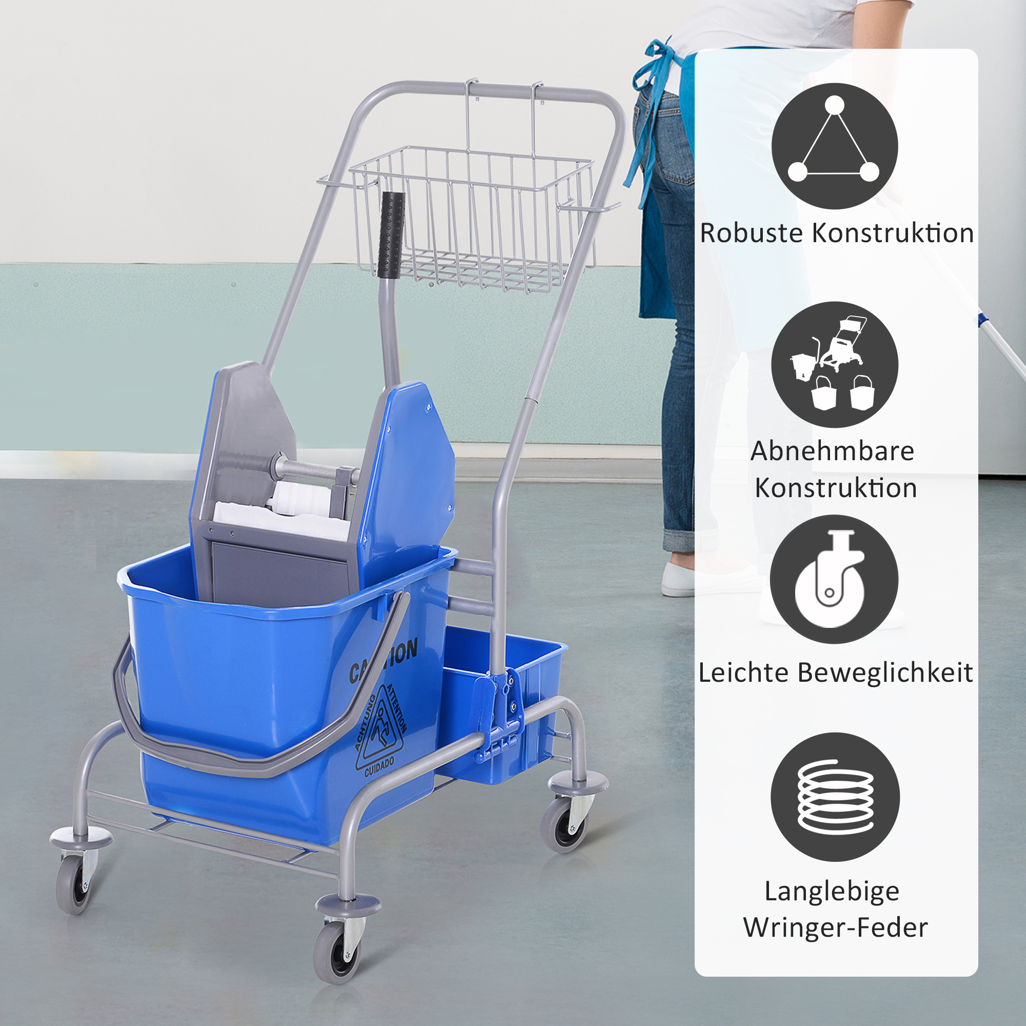 Reinigungswagen, Moppwagen, 25 L Fassungsvermögen, 4 Räder, Kunststoff, Blau