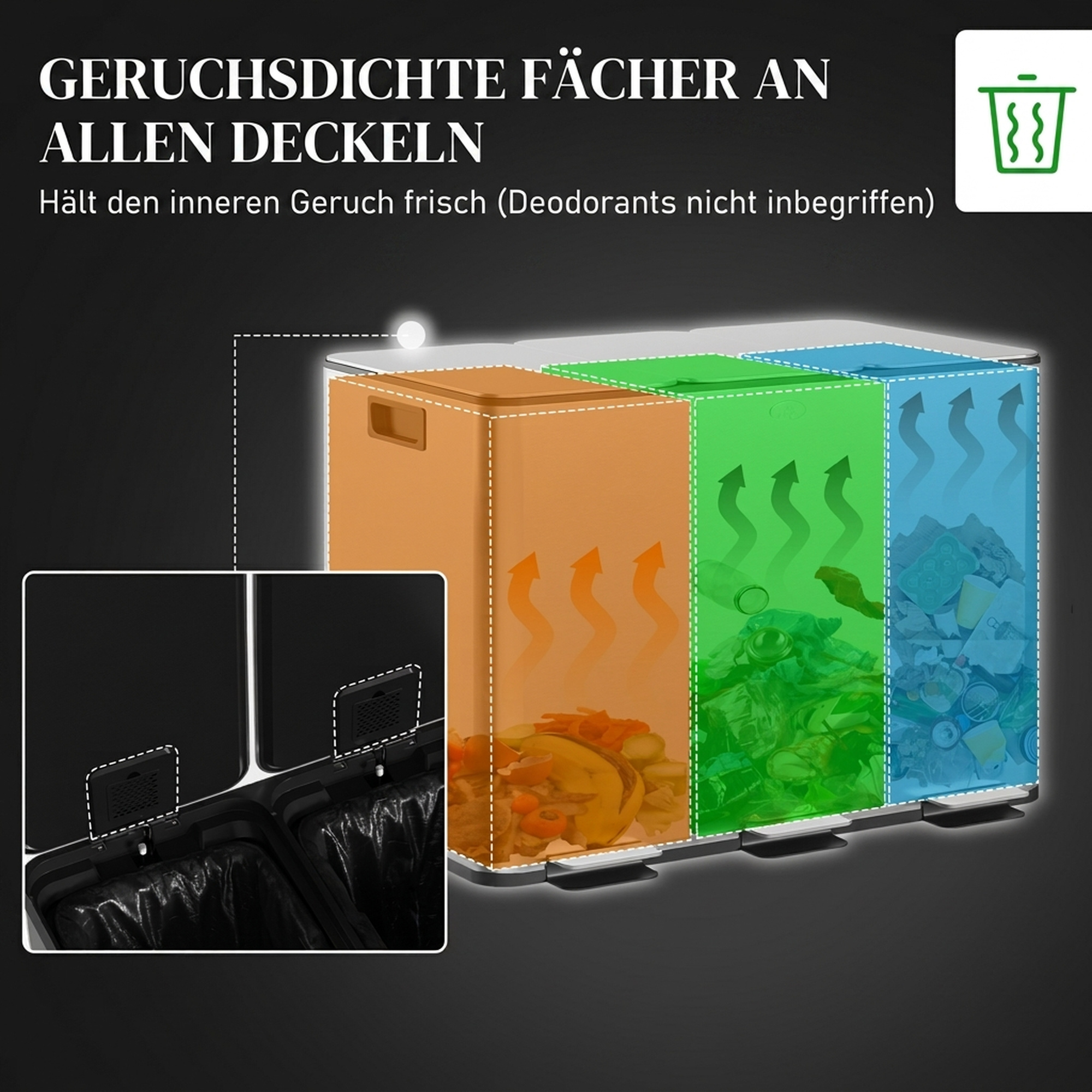 Mülleimer mit 3 x 10 L Fächern, Deodorant-Deckel, fingerabdrucksicher, Soft-Close, herausnehmbar, Silber