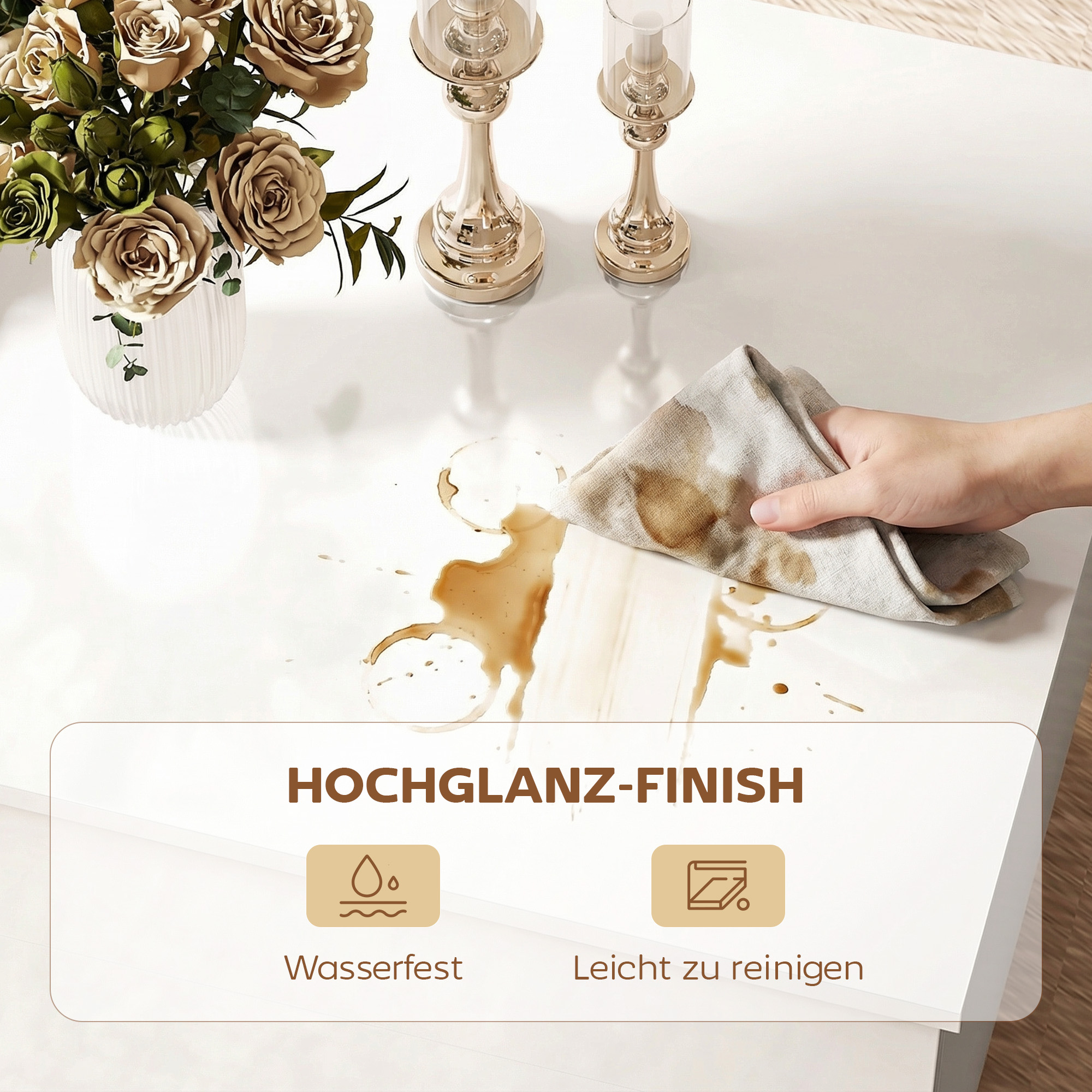 Couchtisch Höhenverstellbar, Moderner Wohnzimmertisch mit verstecktem Stauraum und 2 Schubladen, Hochglanz Weiß