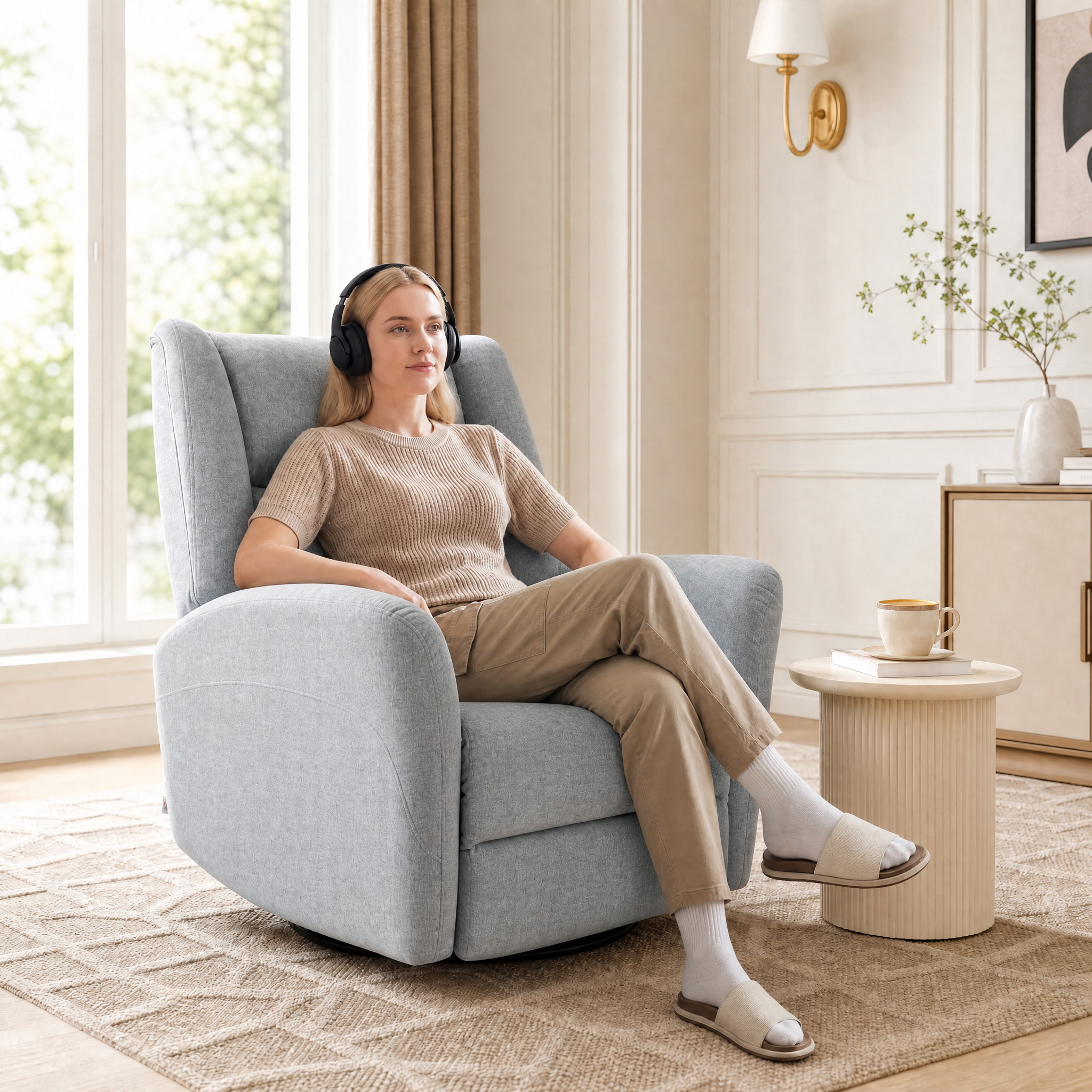 Relaxsessel, Drehbarer Fernsehsessel mit Liegefunktion, Breitem Tiefem Sitz, Kratzfestem Stoff für Wohnzimmer, Hellgrau