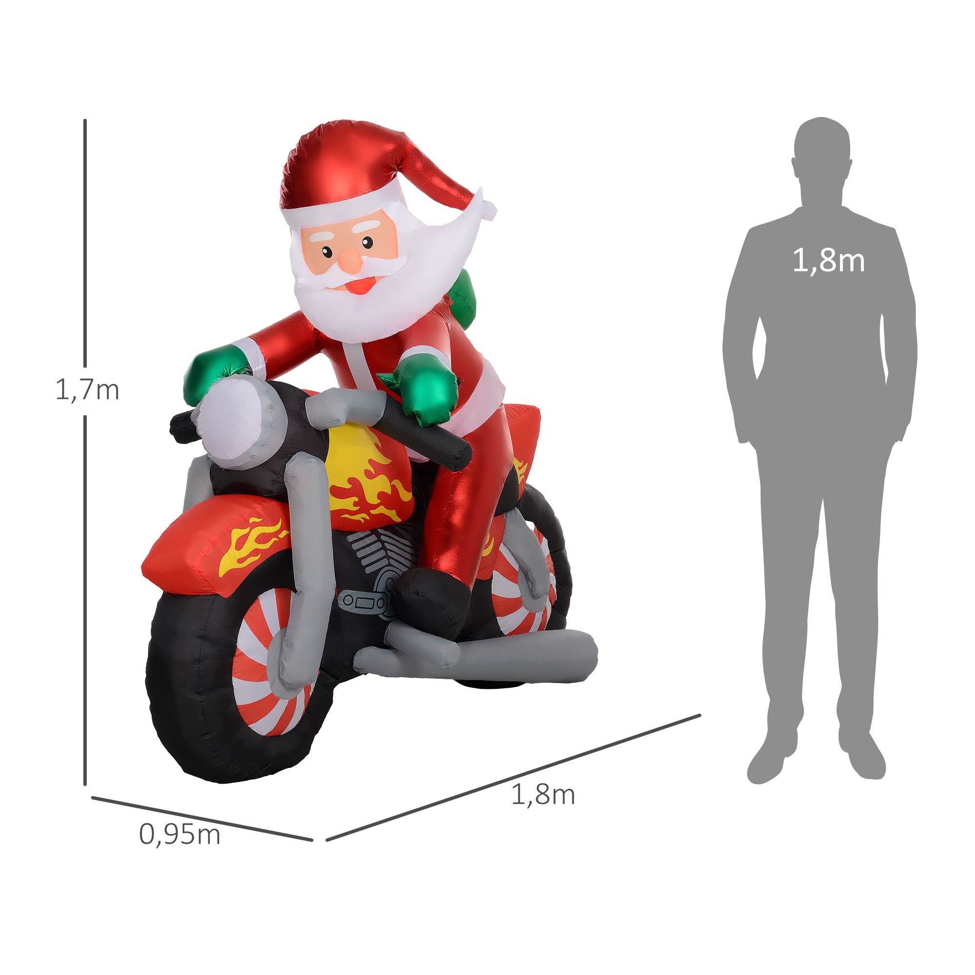 Weihnachtsmann auf Motorrad, Gartendeko, LEDs, aufblasbar, wetterfest, 180 x 95 x 170 cm