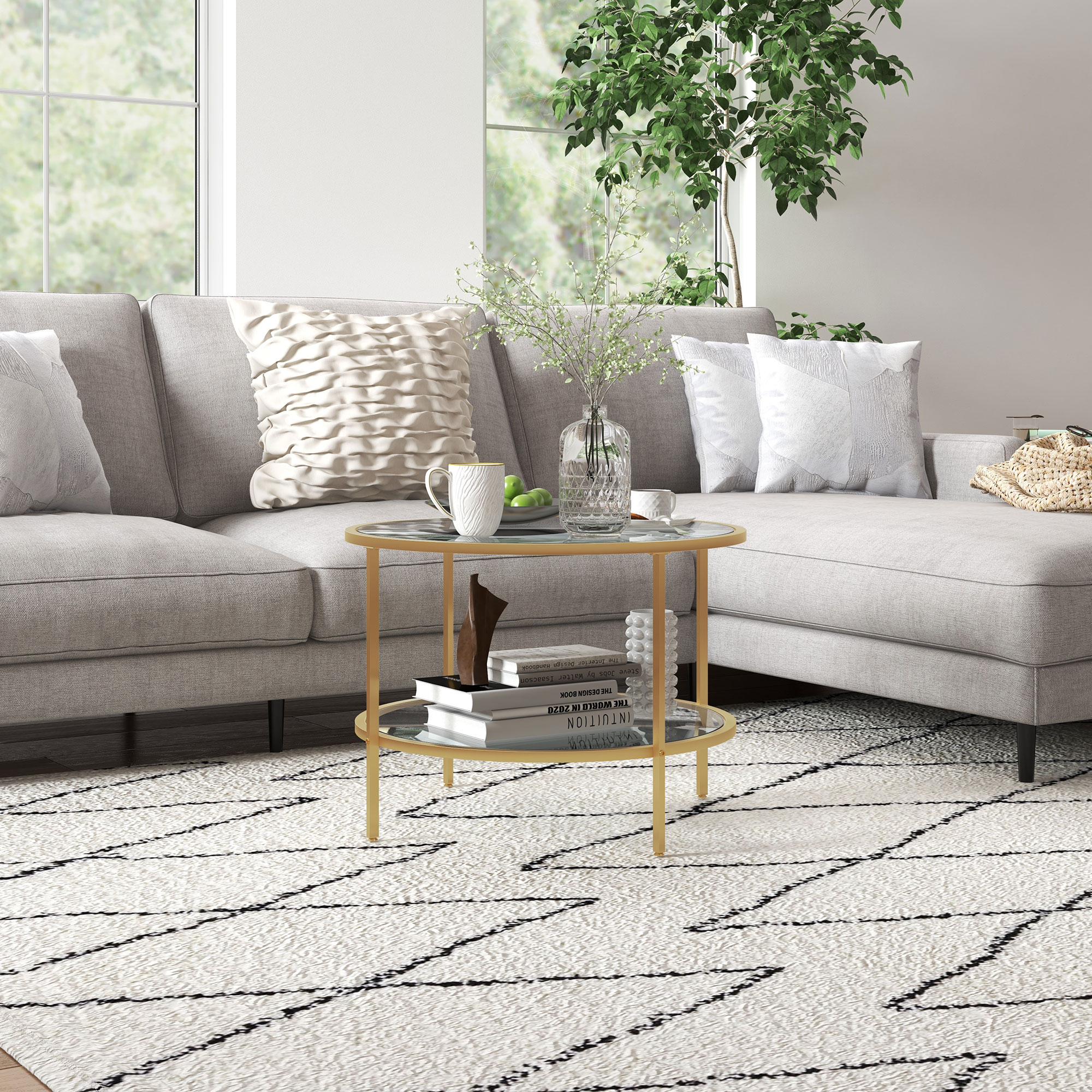 Beistelltisch, modernes Design, 2 Etagen, Ø60x43H cm, Goldton