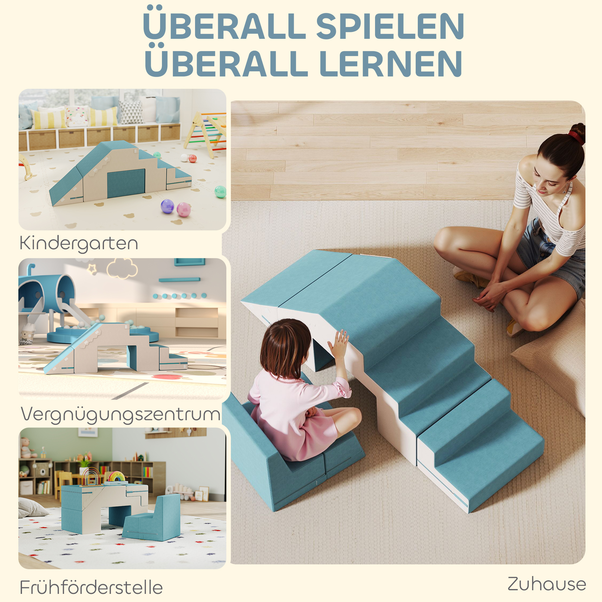 2-teiliges weiches Spielblöcke-Set für Kleinkinder, Kunstleder, Schaumstoff, zum Klettern, Bauen, Spielen, Beige+Blau