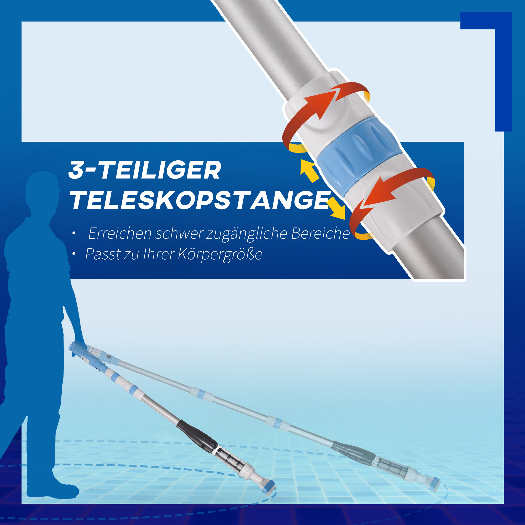 Poolsauger, kabbellos, 80 Min. Betrieb, geringes Gewicht: 800g, 19L Wasser/Minute, Aluminium, ?6 x 106-162 cm