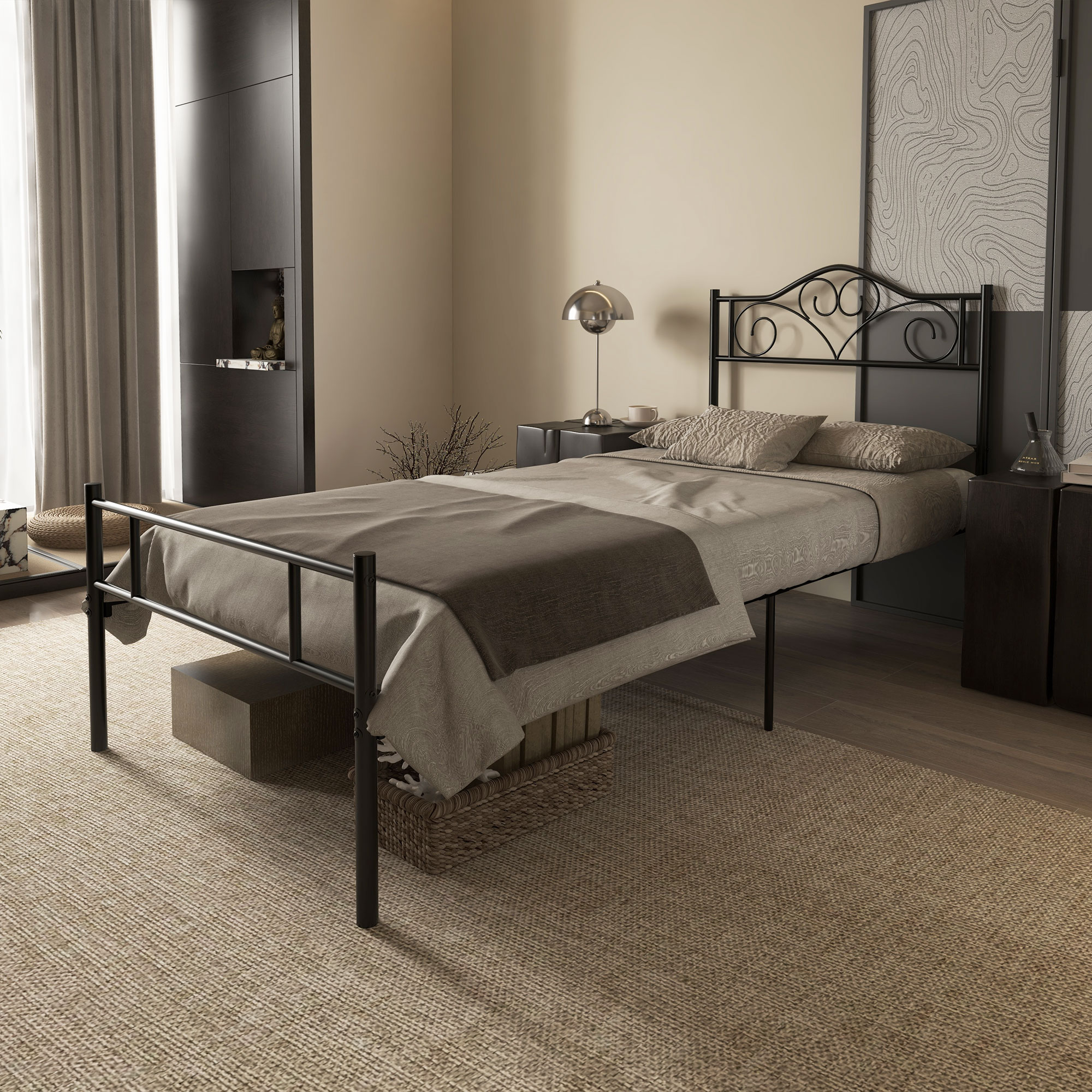 Bett 90 x 200 cm Stahl mit Lattenrost, Kopf- und Fußteil, 31 cm hoch Schwarz