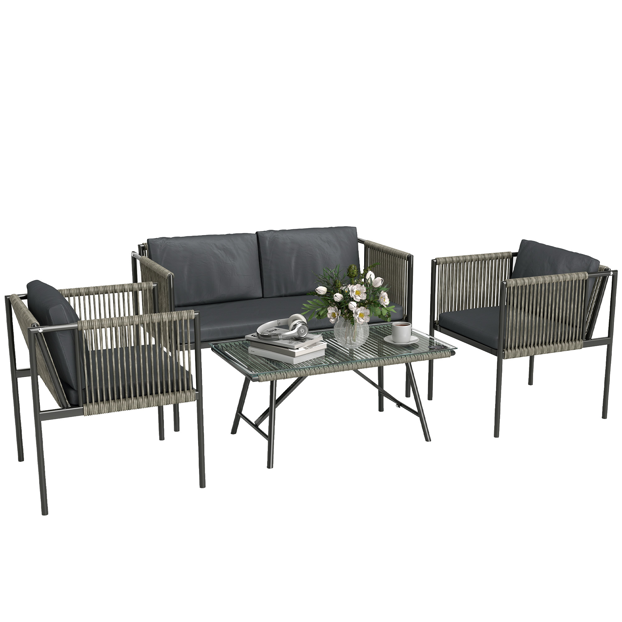 4-teiliges Gartenmöbel-Set, 1 Sofa, 2 Sessel, 1 Tisch mit Glasplatte, Kissen, Stahlrahmen, Kunststoff-Rattan, Grau 4-teiliges Gartenmöbel-Set, 1 Sofa, 2 Sessel, 1 Tisch mit Glasplatte, Kissen, Stahlrahmen, Kunststoff-Rattan, Grau