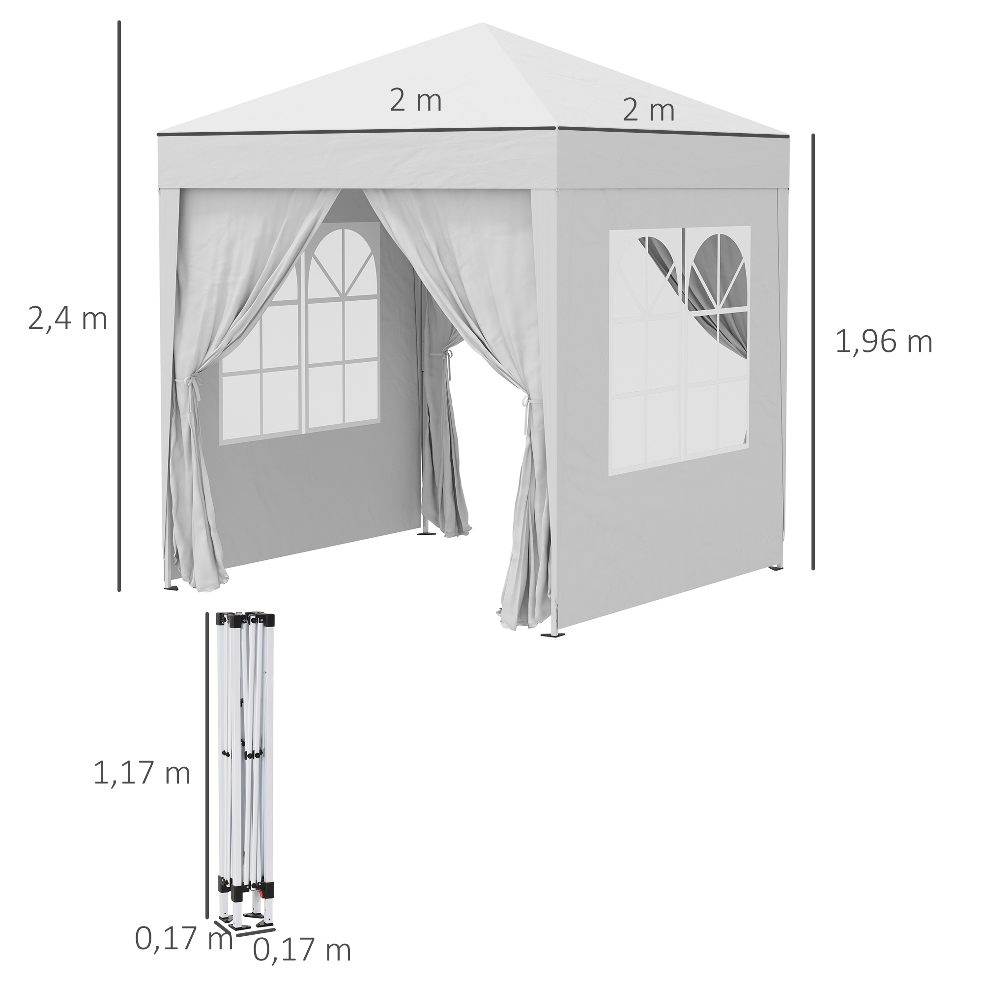 Faltpavillon, Bierzelt, 4 abnehmbare Seitenwände, 2 Fenster, Metallrahmen, 2 x 2m, Weiß