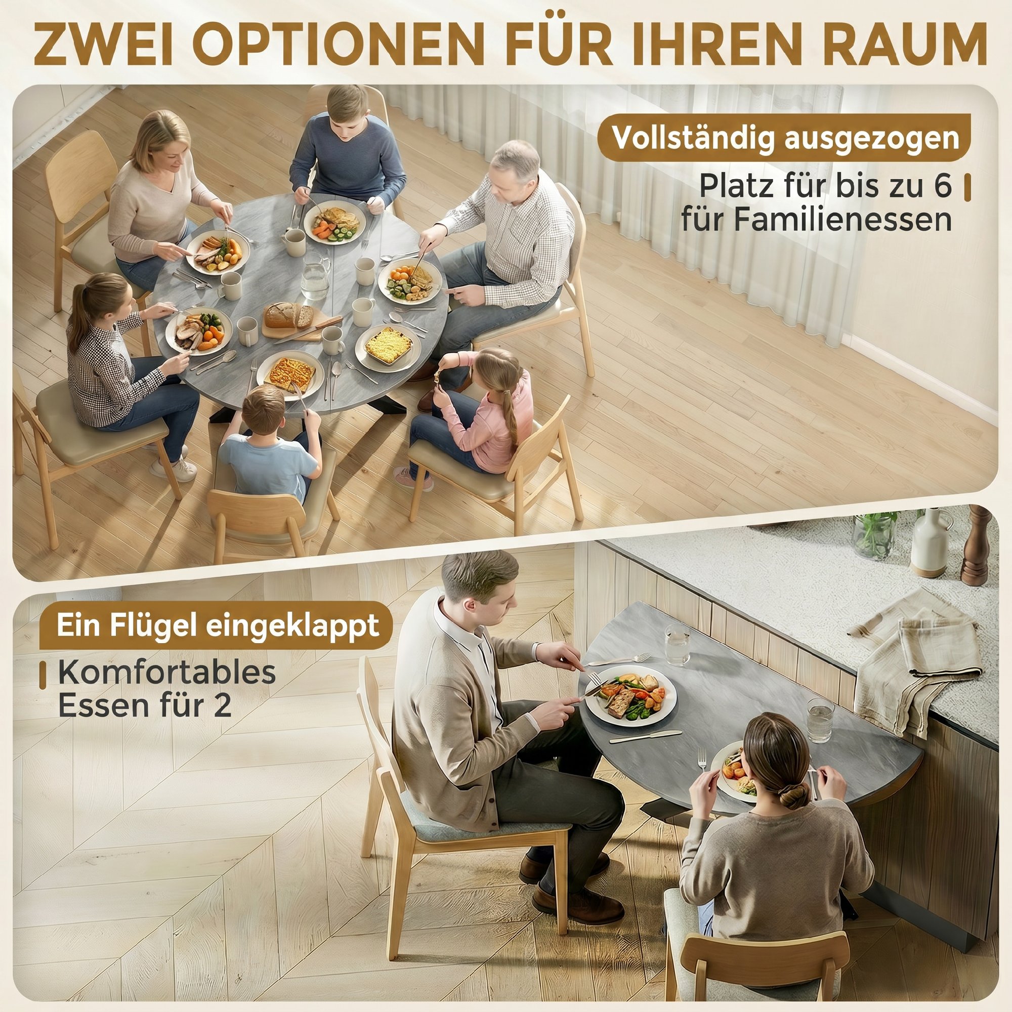 klappbarer Esstisch für 2-6 Personen, Runder Klapptisch mit Doppel-X-Stahlrahmen, Dicke Tischplatte, Zementgrau