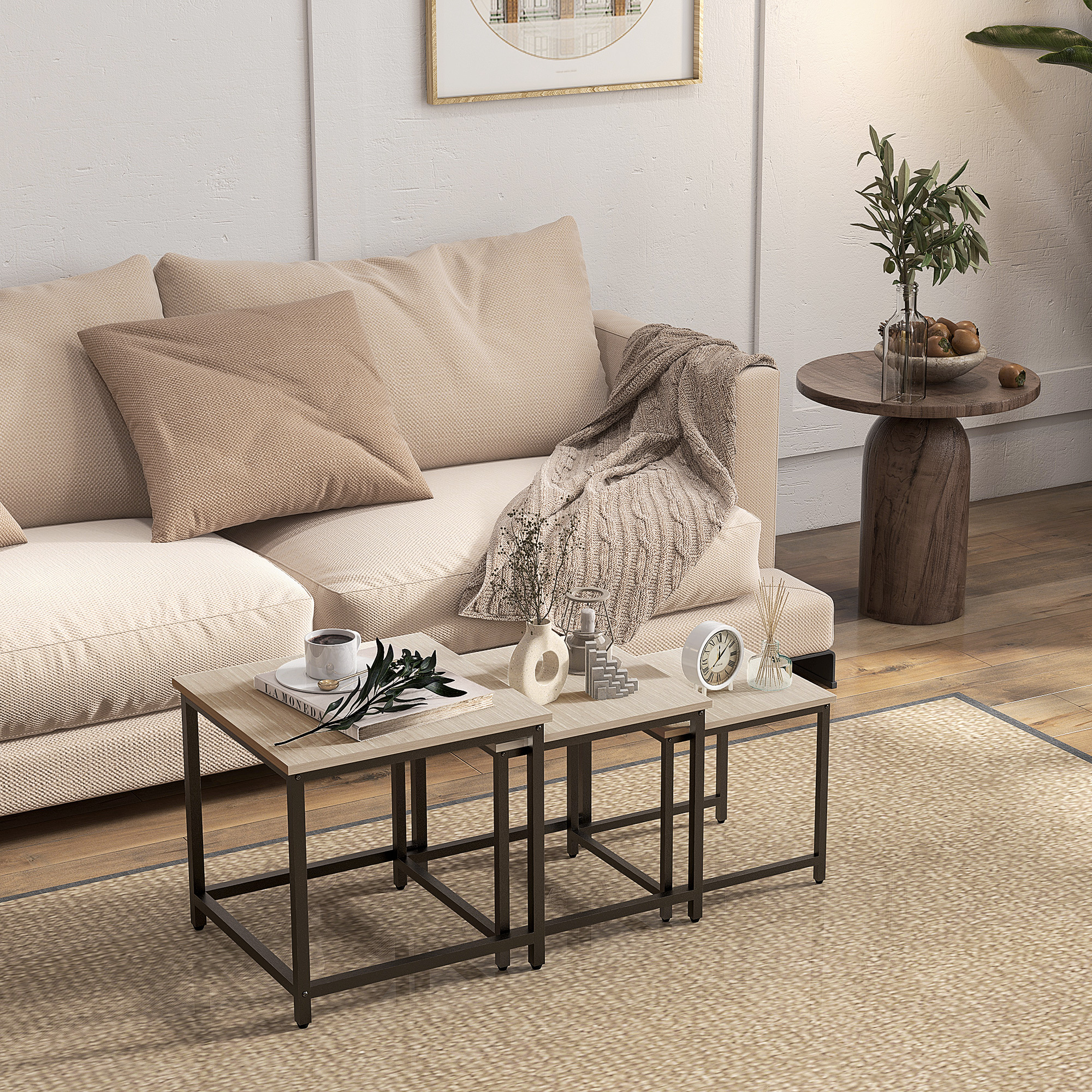 Satztisch-Set aus 3 Beistelltischen, Industrial Design, schwarzer Stahlrahmen, Tischplatte in Holzoptik